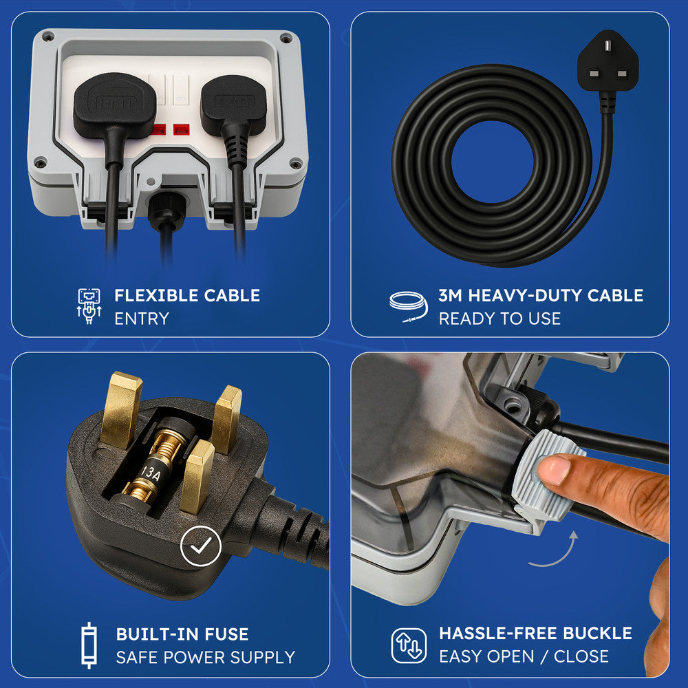 Desiretech Outdoor Double Switched Socket – IP66 Waterproof & Dustproof Socket – 2 Gang Plug with LED Indicators – High Impact PC Housing – Weatherproof Power Outlet for Sheds & Garages
