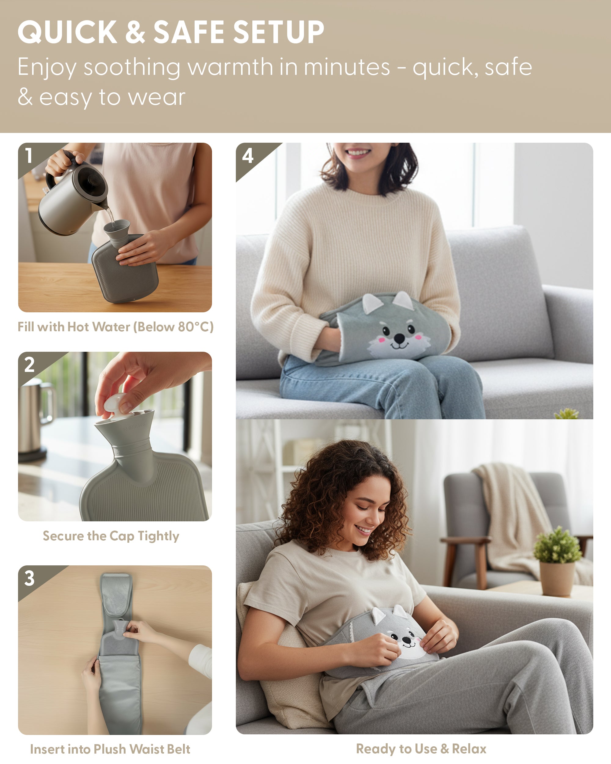 KEPLIN Hot Water Bottle Belt with Plush Waist Cover - 2L Premium Natural Rubber Hot Water Bag for Cramps & Muscle Relaxation - Safe, Durable, Long-Lasting Heat Therapy