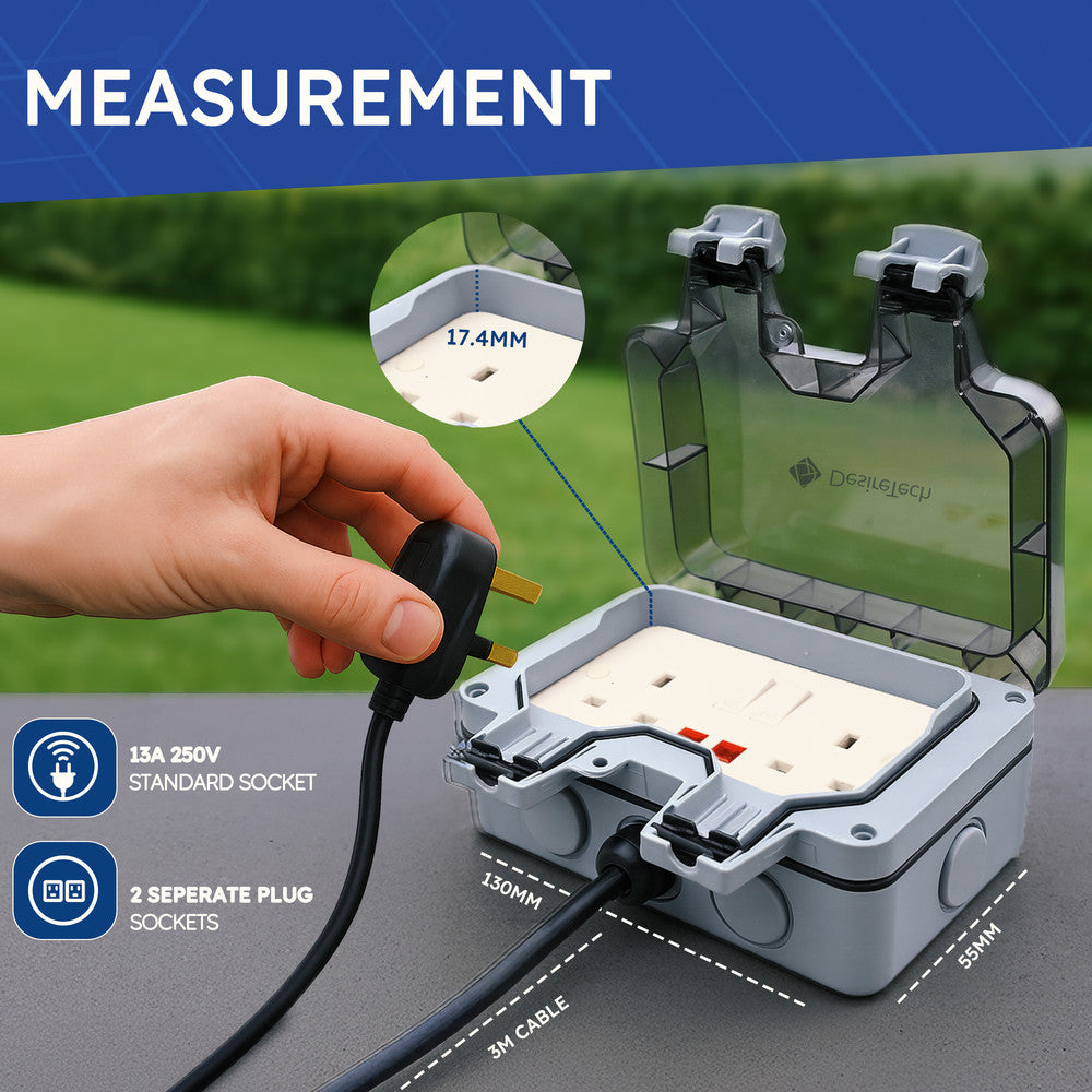Desiretech Outdoor Double Switched Socket – IP66 Waterproof & Dustproof Socket – 2 Gang Plug with LED Indicators – High Impact PC Housing – Weatherproof Power Outlet for Sheds & Garages
