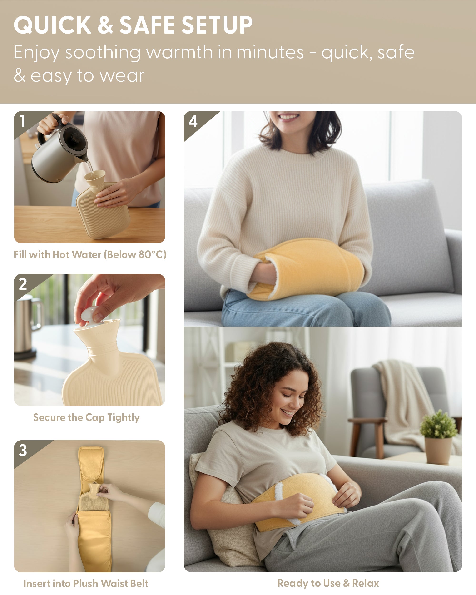 KEPLIN Hot Water Bottle Belt with Plush Waist Cover - 2L Premium Natural Rubber Hot Water Bag for Cramps & Muscle Relaxation - Safe, Durable, Long-Lasting Heat Therapy