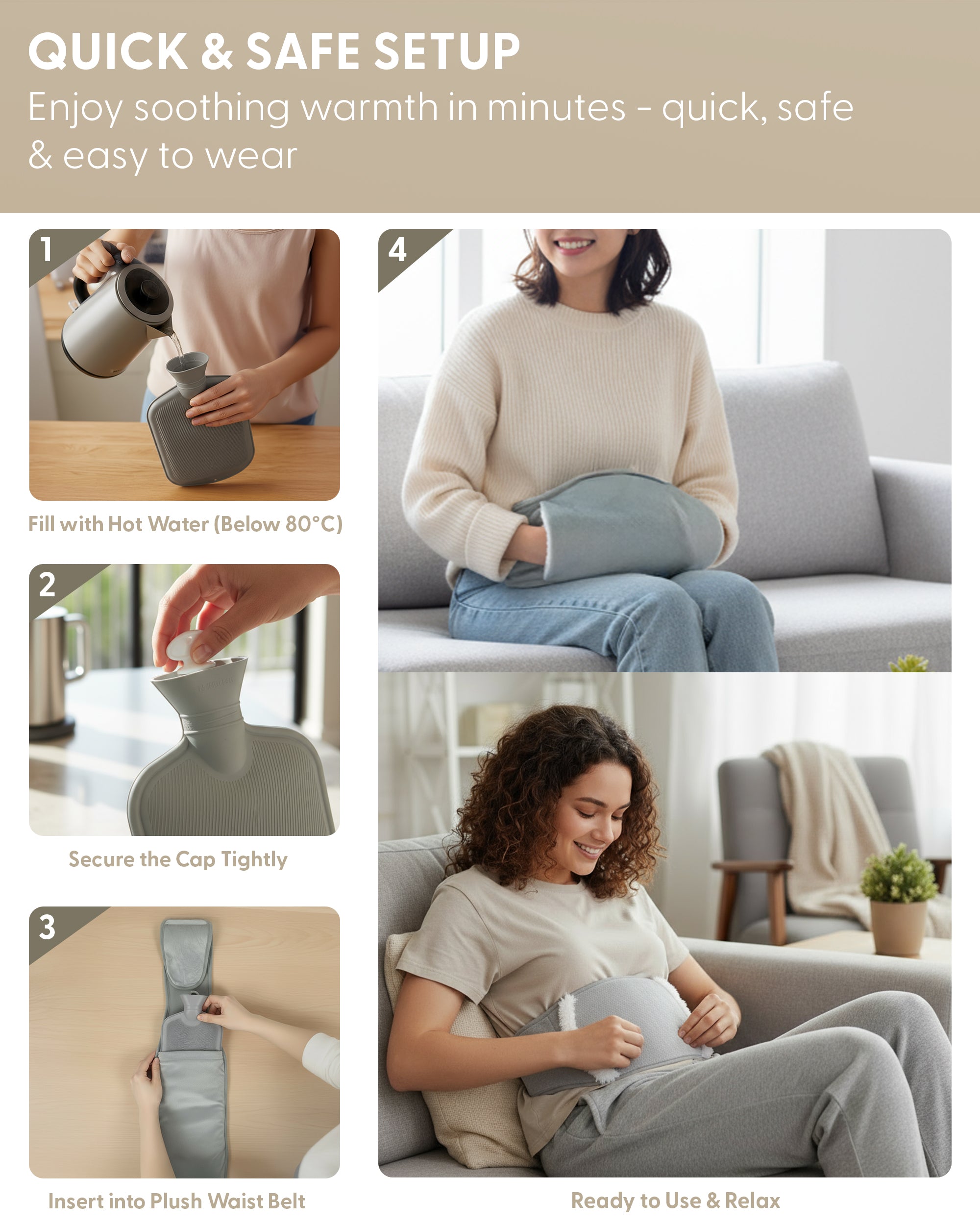 KEPLIN Hot Water Bottle Belt with Plush Waist Cover - 2L Premium Natural Rubber Hot Water Bag for Cramps & Muscle Relaxation - Safe, Durable, Long-Lasting Heat Therapy