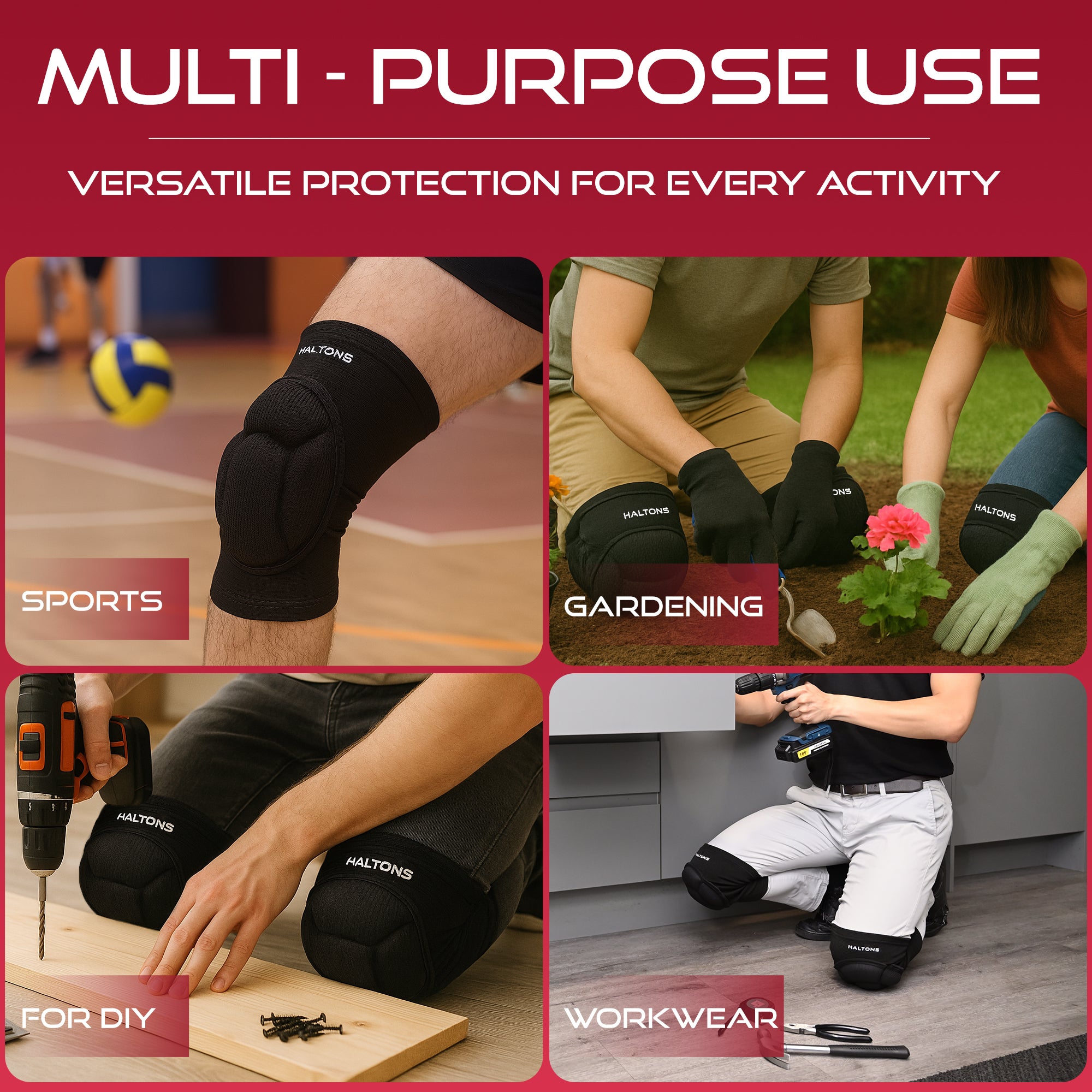 Haltons - 2 Pack Knee Pads Black, EVA Foam Padding - Lightweight & Breathable - Slim Fit for Sports, Work & DIY - Anti-Slip Grip - Flexible Nylon/Spandex