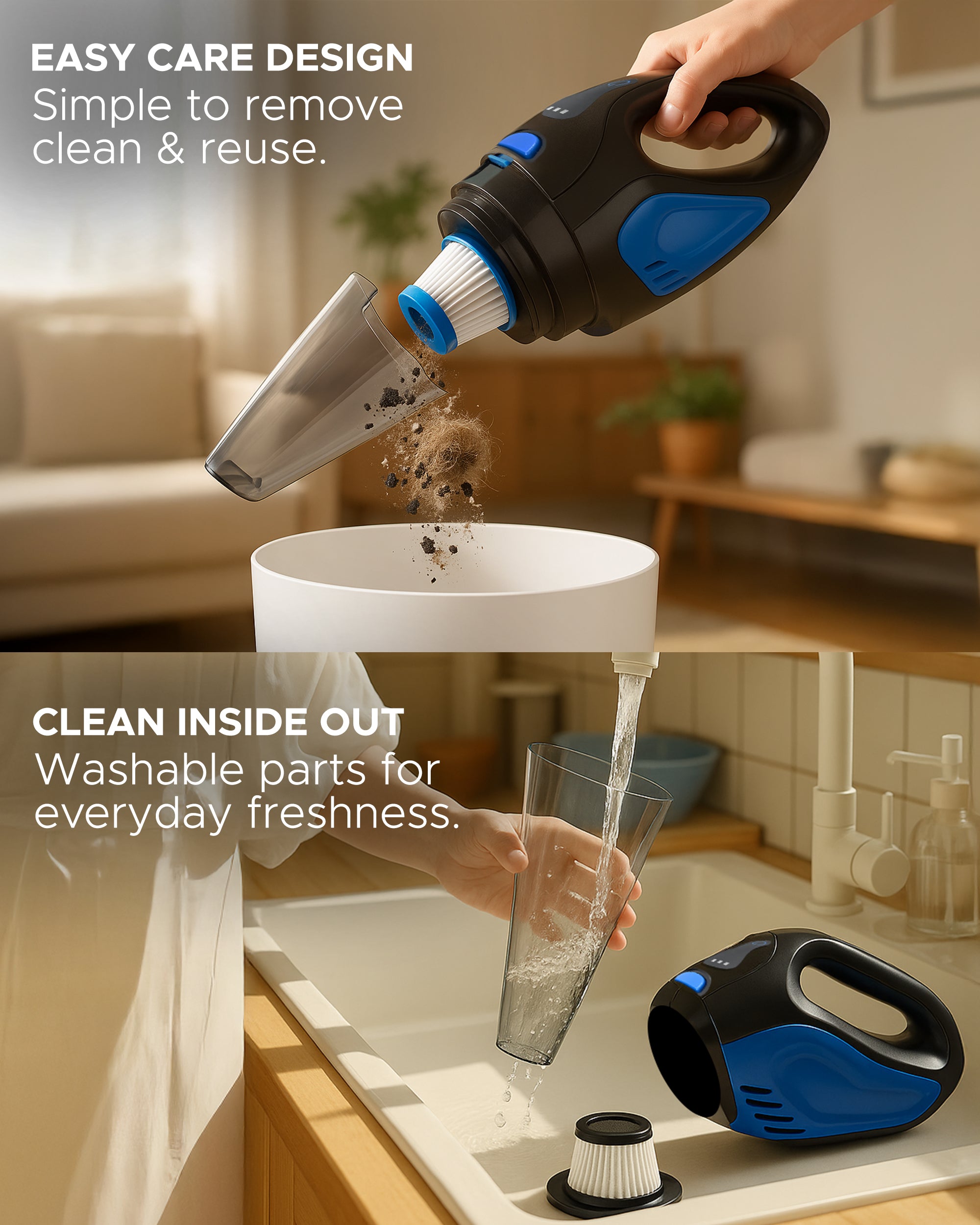 KEPLIN Cordless Handheld Vacuum Cleaner – Wet & Dry Use – 25–30 Min Runtime – 3 LED Lights – Wall Mount – 0.5L Dust Bin – Portable Mini Vacuum for Car, Home & Pet Hair – 7.4V 50W Power
