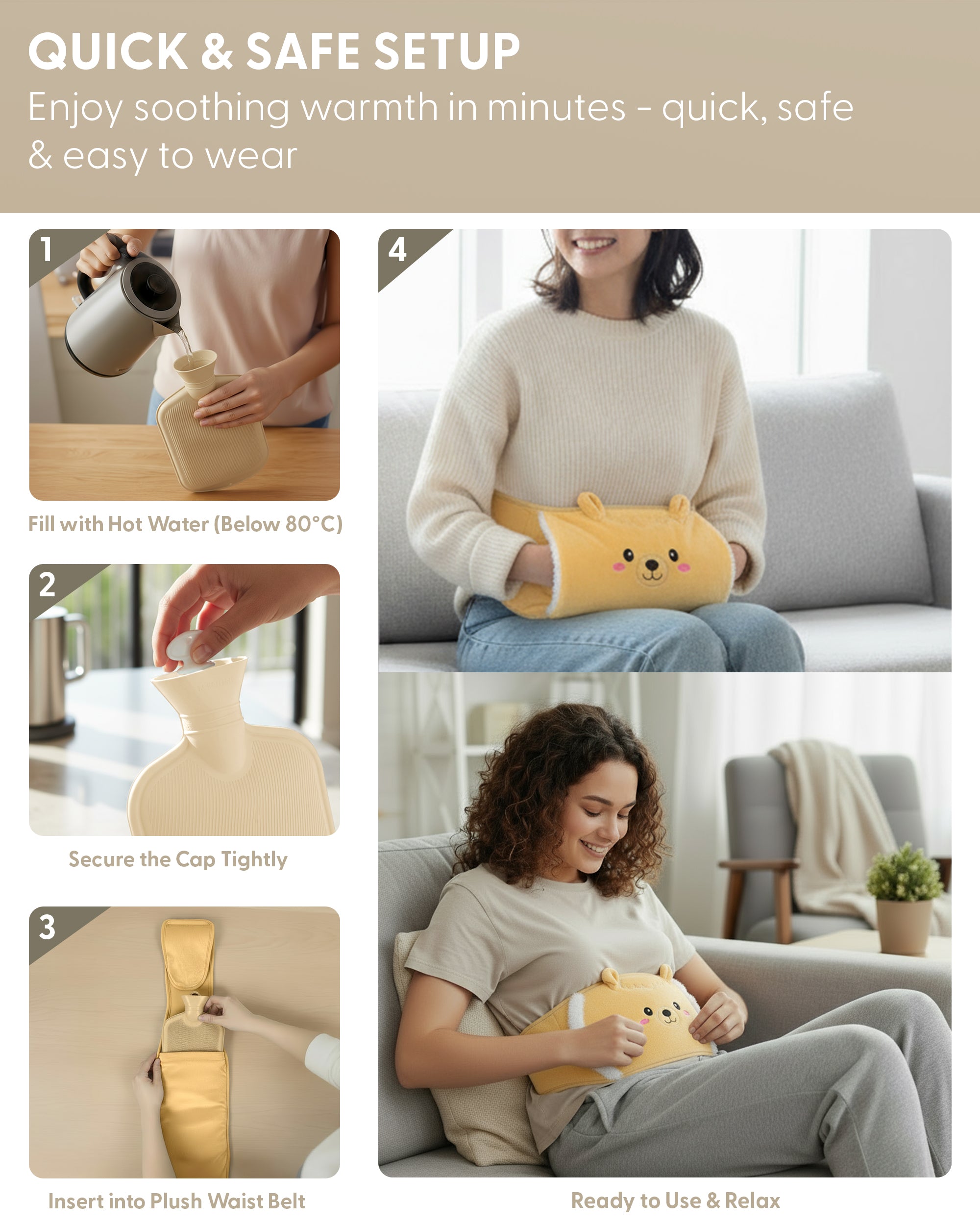 KEPLIN Hot Water Bottle Belt with Plush Waist Cover - 2L Premium Natural Rubber Hot Water Bag for Cramps & Muscle Relaxation - Safe, Durable, Long-Lasting Heat Therapy