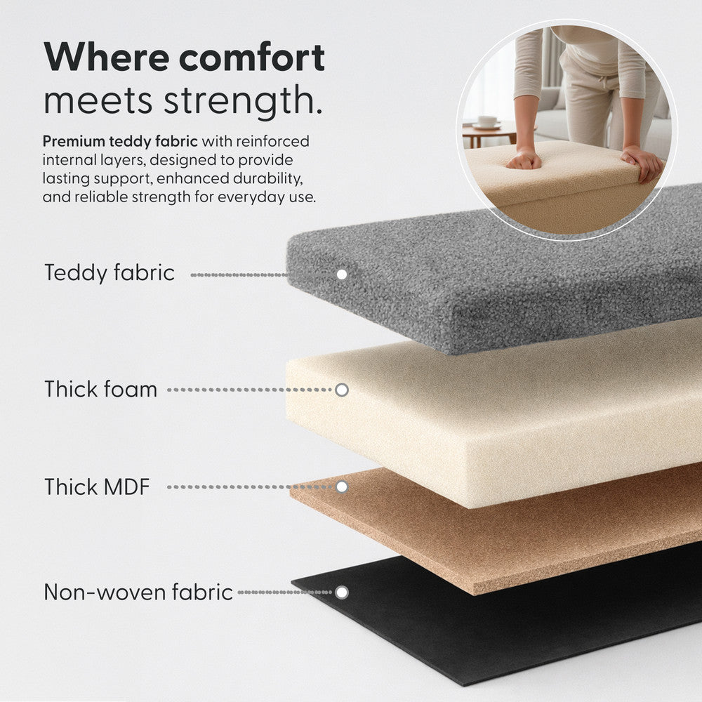 KEPLIN Storage Ottoman Bench 76×38×38 cm – Large 90 L Hidden Storage, Rapid Fold‐Flat Design, 150kg Load Capacity, Tufted Teddy Fabric Finish – Ideal for Hallway, Bedroom, Living Room