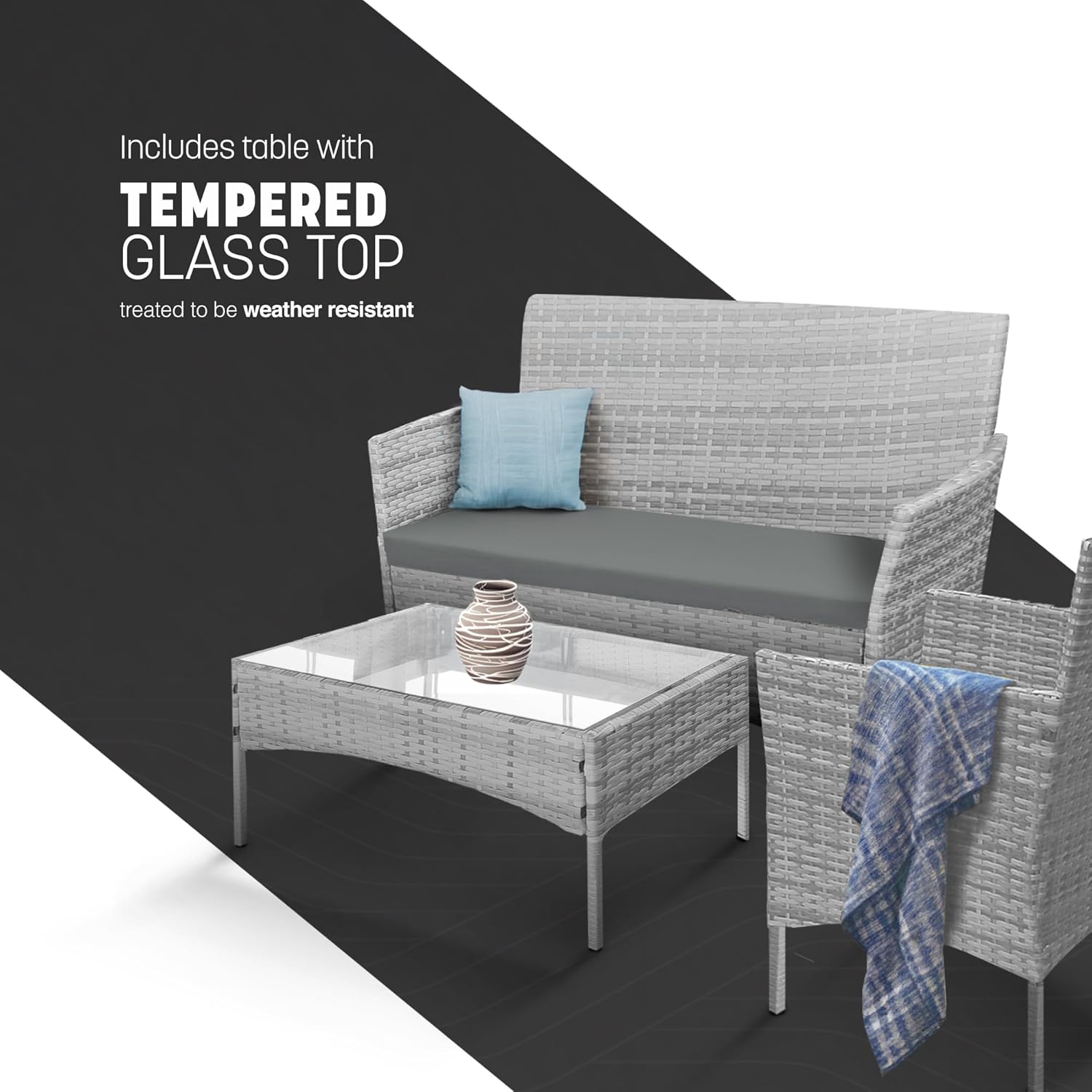 4-Piece Rattan Garden Furniture Set in Grey - Outdoor Lounger Sofa, Stackable Chairs & Bistro Table