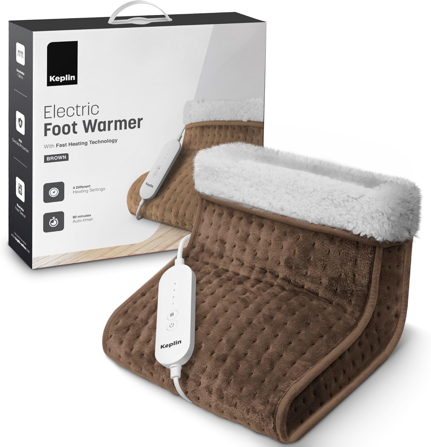 KEPLIN Electric Foot Warmer, 1 Pack - 9 Adjustable Temperature Settings, 90-Min Auto Shut-Off Timer, Overheat & Overcurrent Protection, Soft Fleece Lining, Washable Inner Sleeves (32x28x26cm), 1 Year Warranty