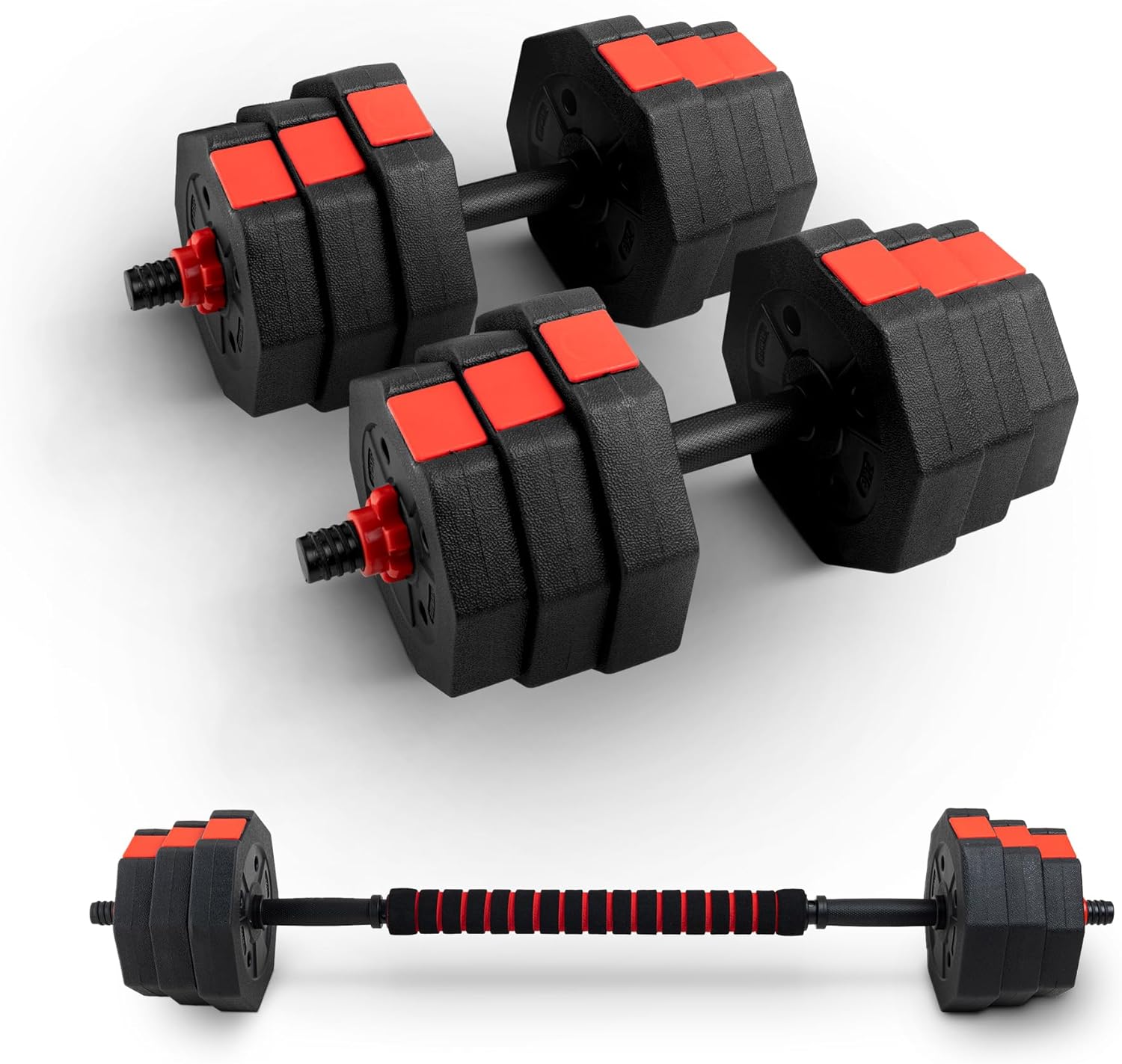 Kayman Adjustable Barbell Set - 20kg Total Weight with Non-Rolling Design, Adjustable Weights & Comfortable Grip - Training Equipment for Versatile Workouts at Home & Gym - Unisex (Black & Red)