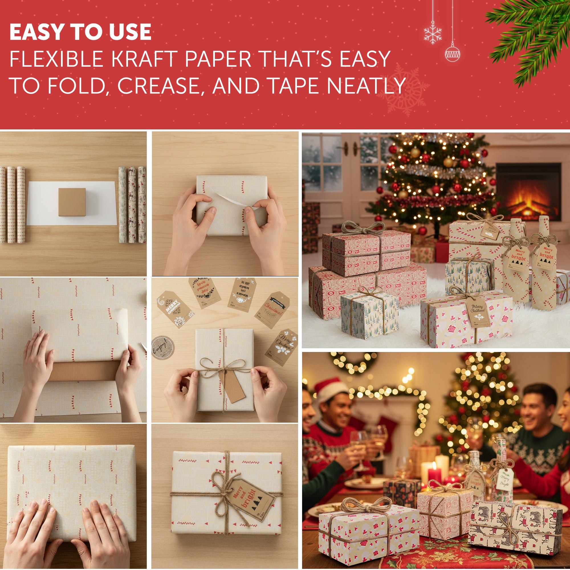 Kraft & Co - Christmas Wrapping Paper 12 Sheets - Kraft Gift Wrap Sheets 50 x 70cm, 6 Festive Holiday Designs with Tags & Twine