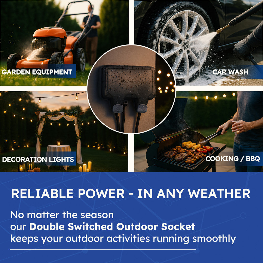 Desiretech Outdoor Double Switched Socket – IP66 Waterproof & Dustproof Socket – 2 Gang Plug with LED Indicators – High Impact PC Housing – Weatherproof Power Outlet for Sheds & Garages