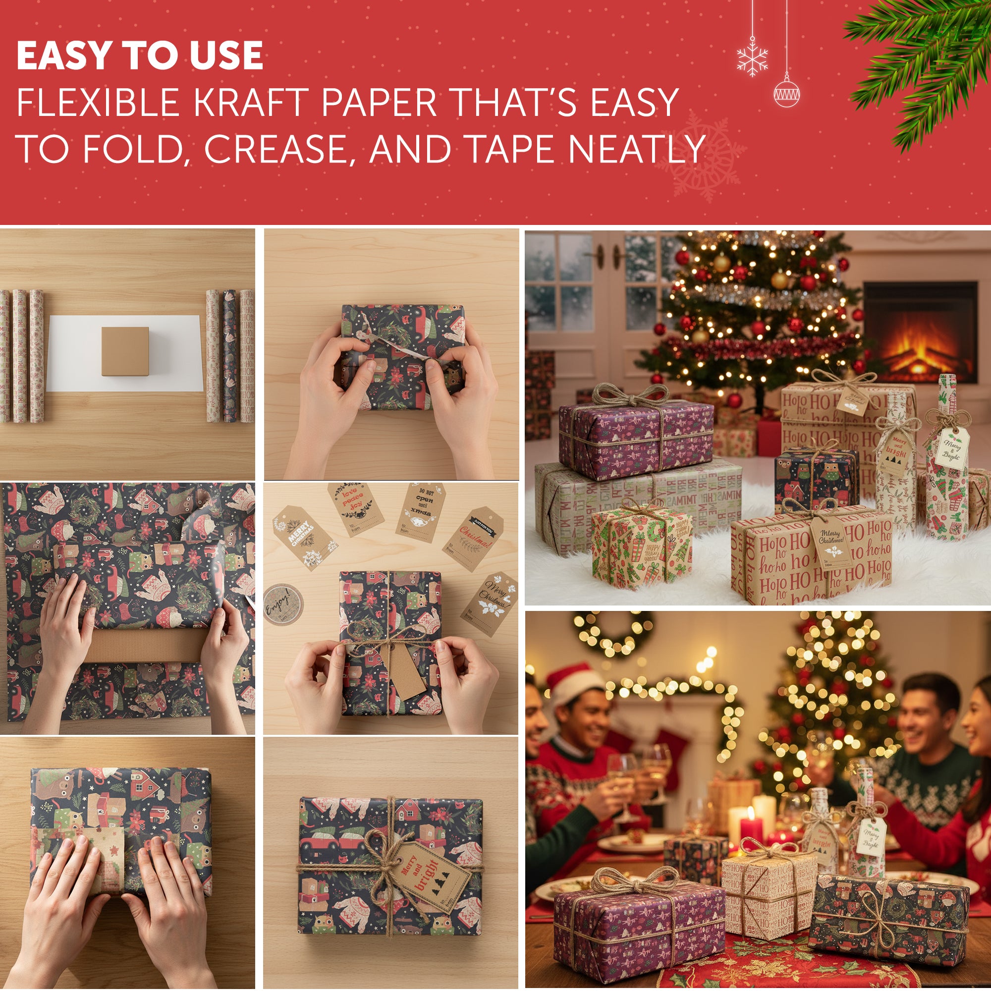 Kraft & Co - Christmas Wrapping Paper 12 Sheets - Kraft Gift Wrap Sheets 50 x 70cm, 6 Festive Holiday Designs with Tags & Twine