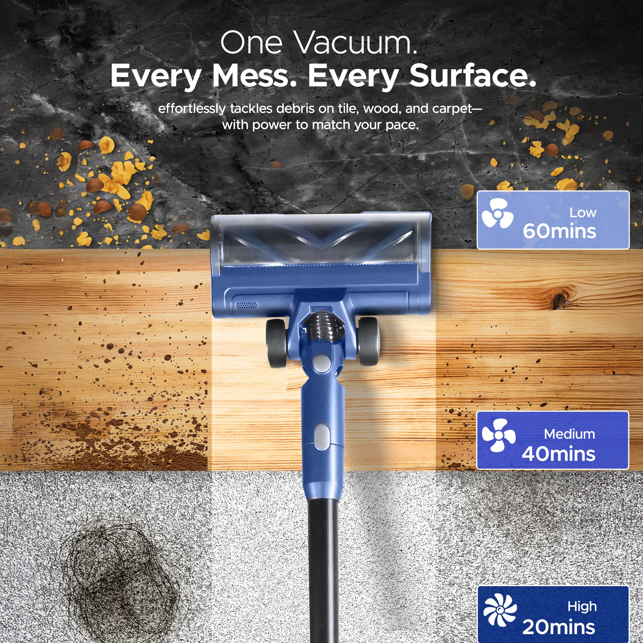 KEPLIN Cordless Vacuum Cleaner – 350W Power – 3-Speed Suction – Easy Reach Bendable Wand – LED Display – 25.9V 2500mAh Battery – 60 Min Runtime – Stick Hoover – Pet Hair – Carpet & Hard Floor Clean