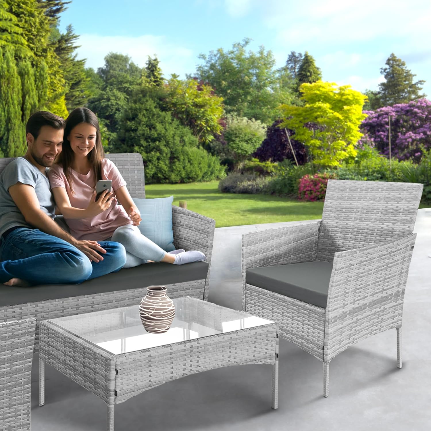 4-Piece Rattan Garden Furniture Set in Grey - Outdoor Lounger Sofa, Stackable Chairs & Bistro Table