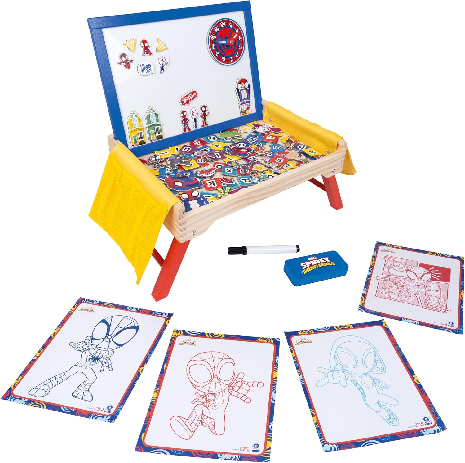 Marvel Spidey and His Amazing Friends Kids Activity Desk – Wooden Folding Lap Desk with Whiteboard, Magnetic Accessories, Storage Pockets & Marker – Portable Play Table for Boys & Girls