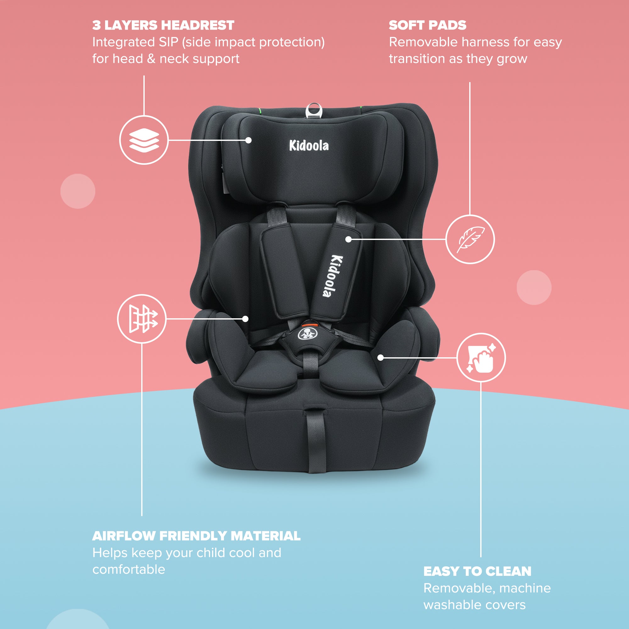 Kidoola ISOFIX Car Seat for Children 15 Months–12 Years, R129 i-Size Approved 76–150 cm, Forward Facing with Adjustable 10-Position Headrest, Side Impact Protection & Soft Cushion Insert