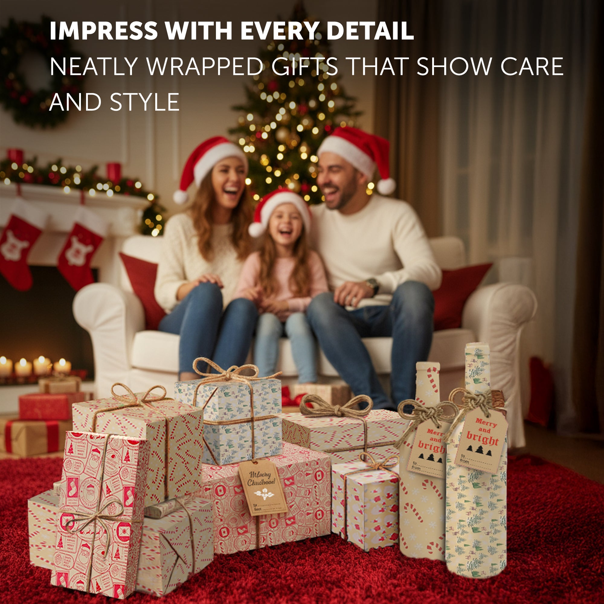 Kraft & Co - Christmas Wrapping Paper 12 Sheets - Kraft Gift Wrap Sheets 50 x 70cm, 6 Festive Holiday Designs with Tags & Twine