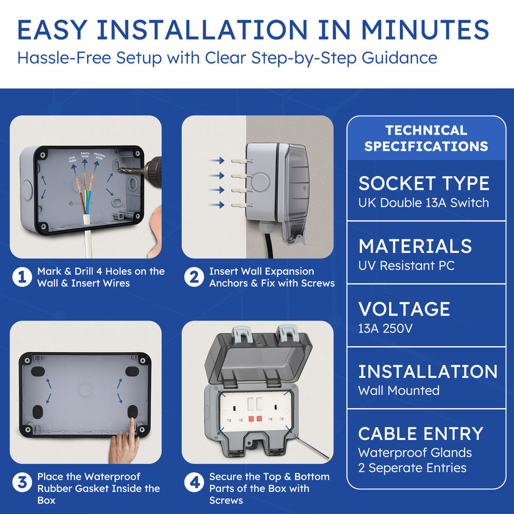 Desiretech Outdoor Double Switched Socket – IP66 Waterproof & Dustproof Socket – 2 Gang Plug with LED Indicators – High Impact PC Housing – Weatherproof Power Outlet for Sheds & Garages