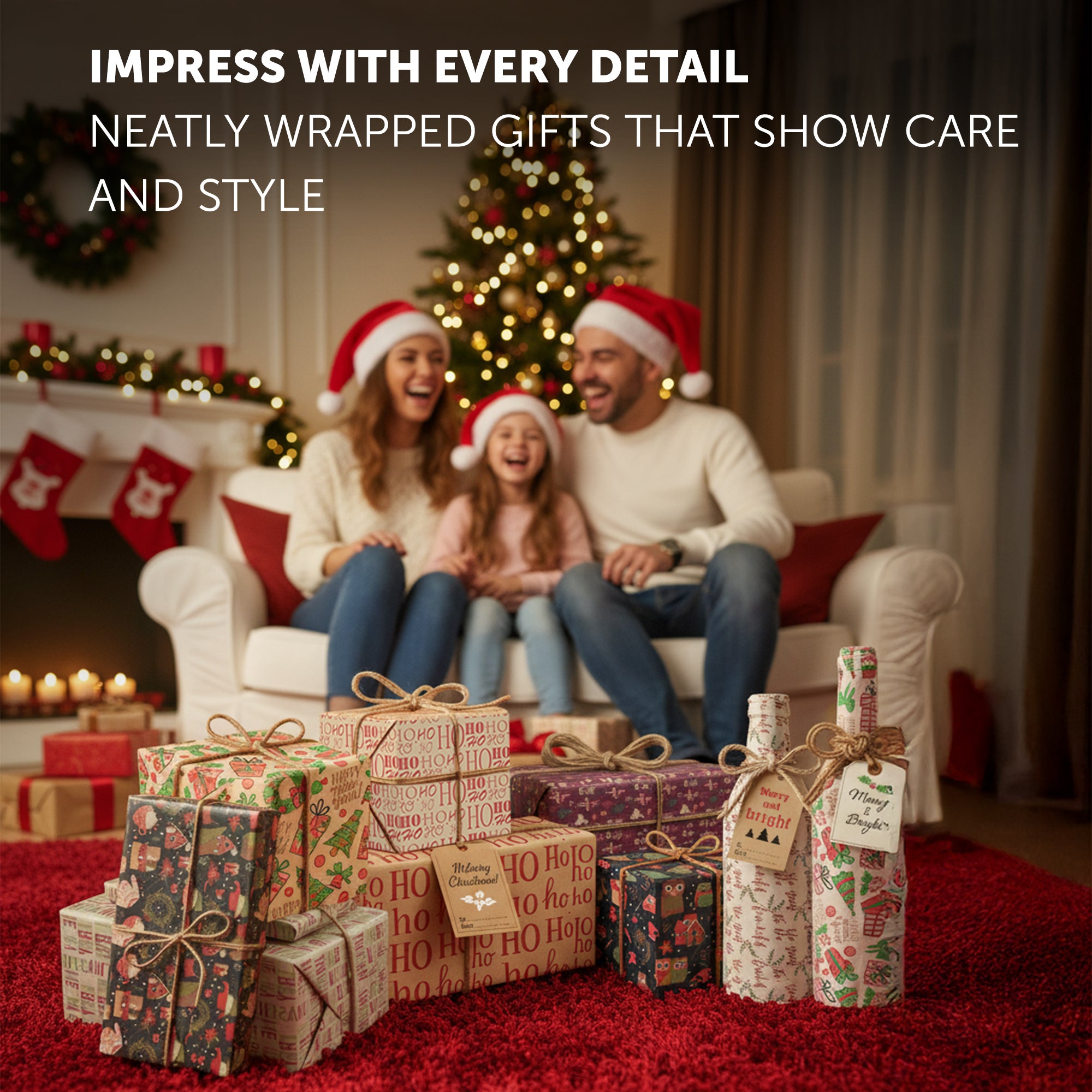 Kraft & Co - Christmas Wrapping Paper 12 Sheets - Kraft Gift Wrap Sheets 50 x 70cm, 6 Festive Holiday Designs with Tags & Twine