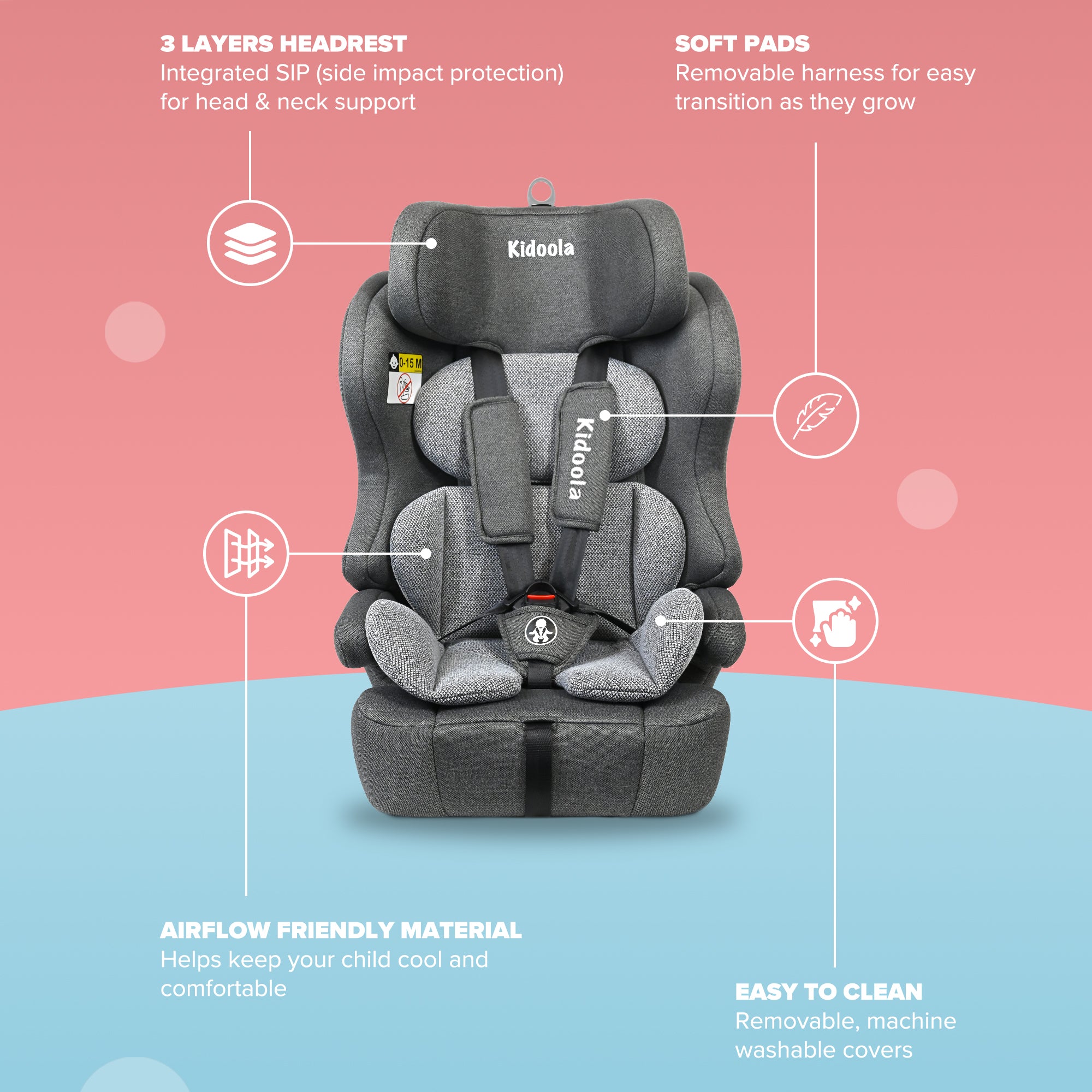 Kidoola ISOFIX Car Seat for Children 15 Months–12 Years, R129 i-Size Approved 76–150 cm, Forward Facing with Adjustable 10-Position Headrest, Side Impact Protection & Soft Cushion Insert