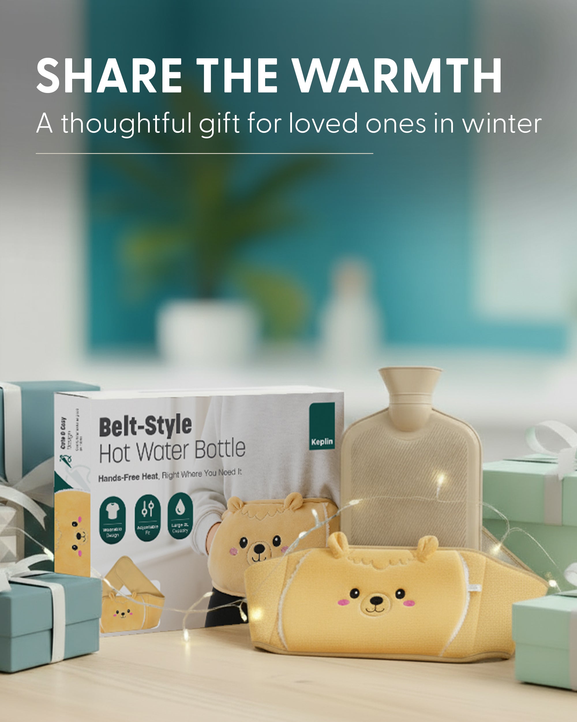 KEPLIN Hot Water Bottle Belt with Plush Waist Cover - 2L Premium Natural Rubber Hot Water Bag for Cramps & Muscle Relaxation - Safe, Durable, Long-Lasting Heat Therapy