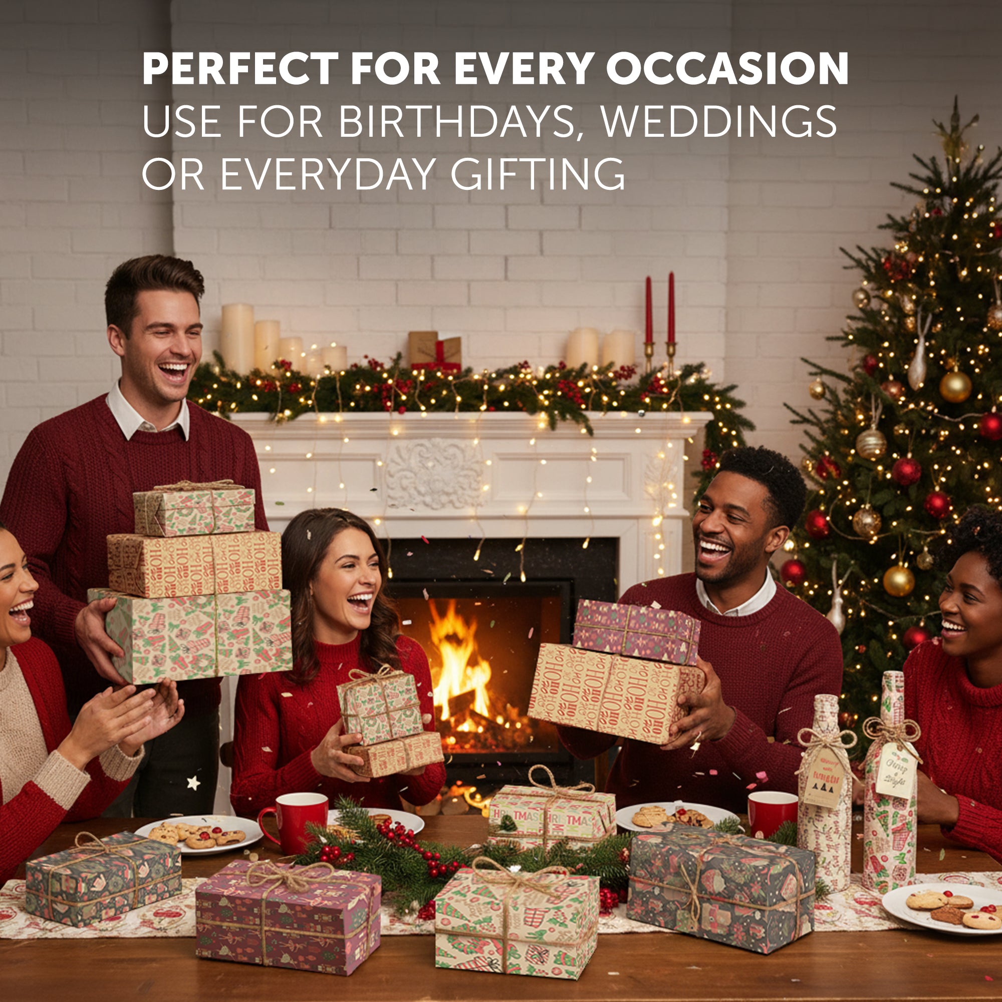 Kraft & Co - Christmas Wrapping Paper 12 Sheets - Kraft Gift Wrap Sheets 50 x 70cm, 6 Festive Holiday Designs with Tags & Twine