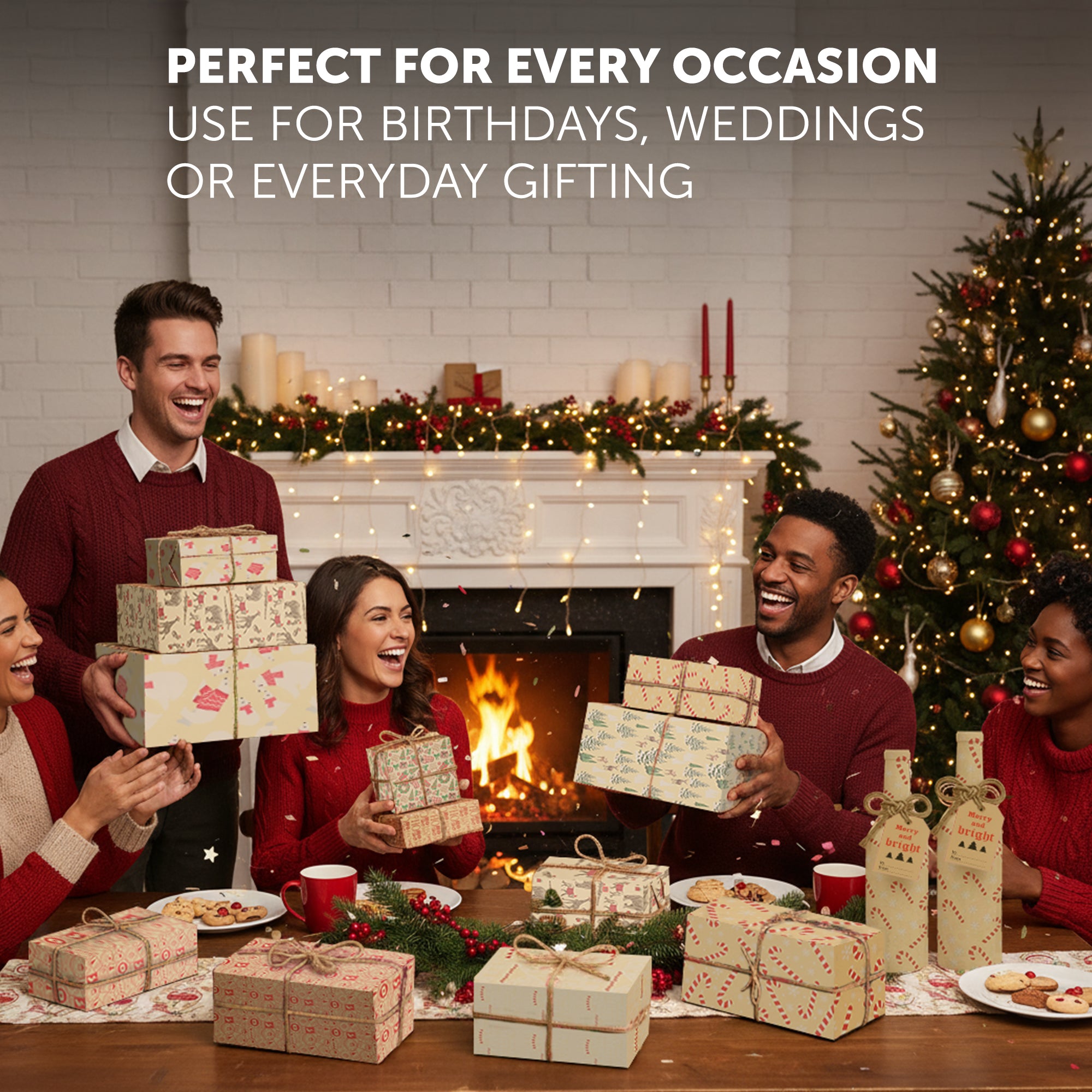 Kraft & Co - Christmas Wrapping Paper 12 Sheets - Kraft Gift Wrap Sheets 50 x 70cm, 6 Festive Holiday Designs with Tags & Twine