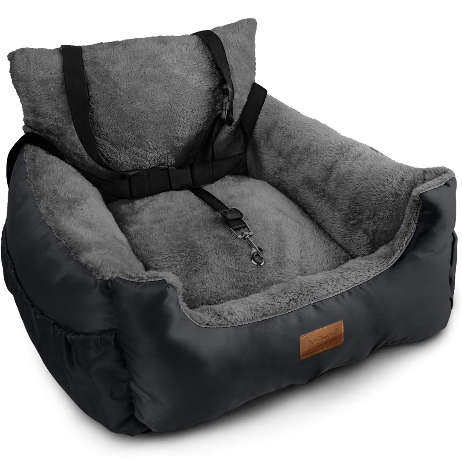 FurDreams Dog Car Seat – Plush & Cozy Pet Booster Seat for Small Dogs & Cats with Storage Pocket, Safety Leash, Waterproof Liner, and Non-Slip Base