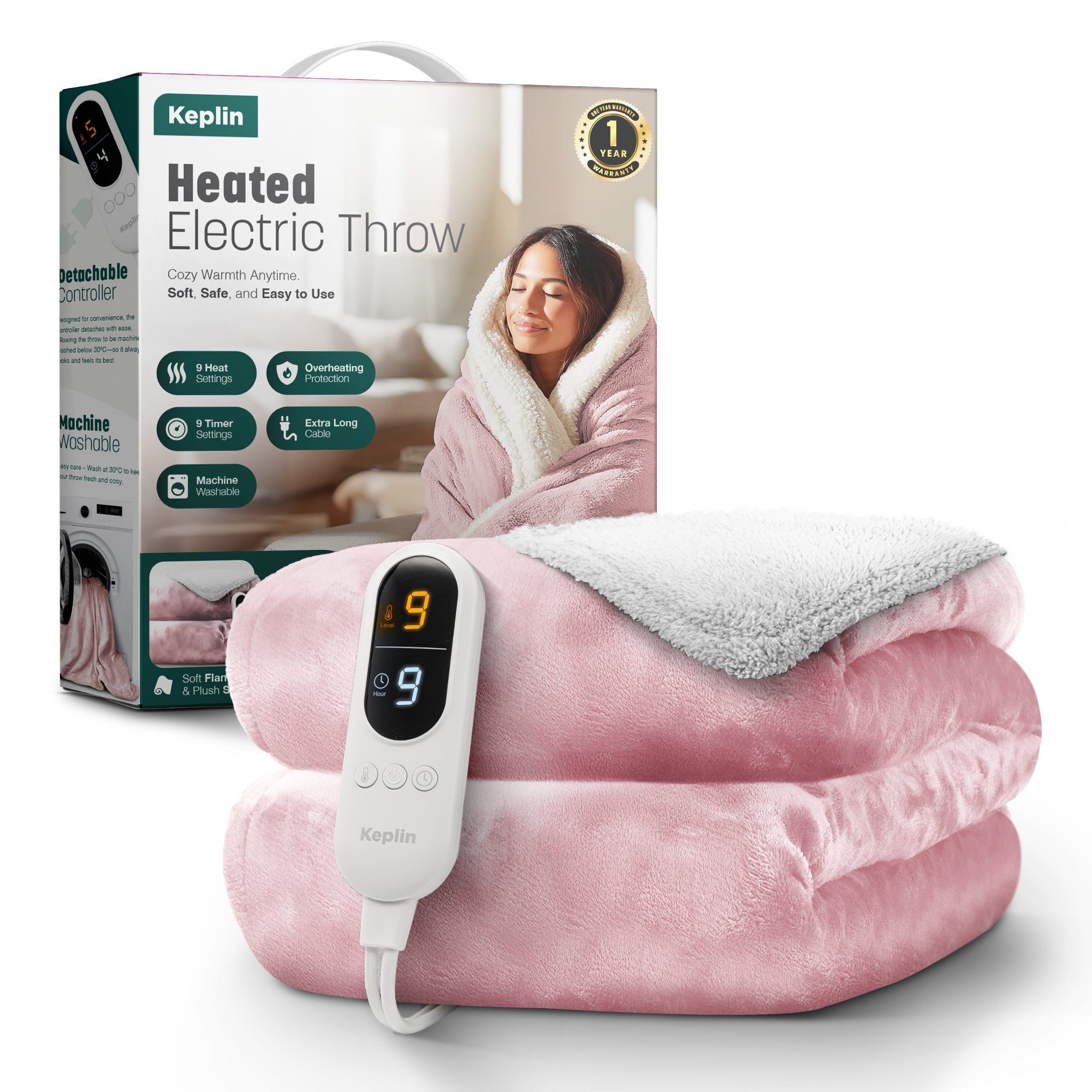 Electric Heated Throw Blanket - Machine Washable Fleece Wool Duvet, 9 Heat Settings & Timer