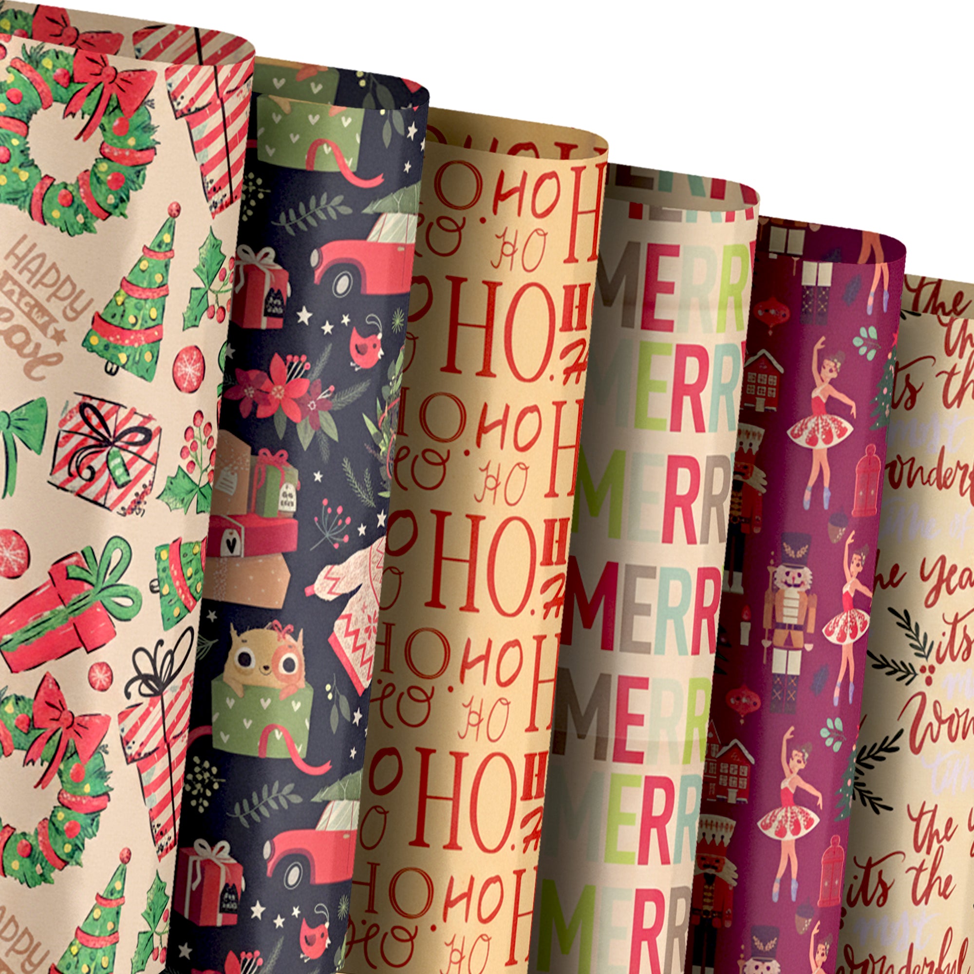 Kraft & Co - Christmas Wrapping Paper 12 Sheets - Kraft Gift Wrap Sheets 50 x 70cm, 6 Festive Holiday Designs with Tags & Twine