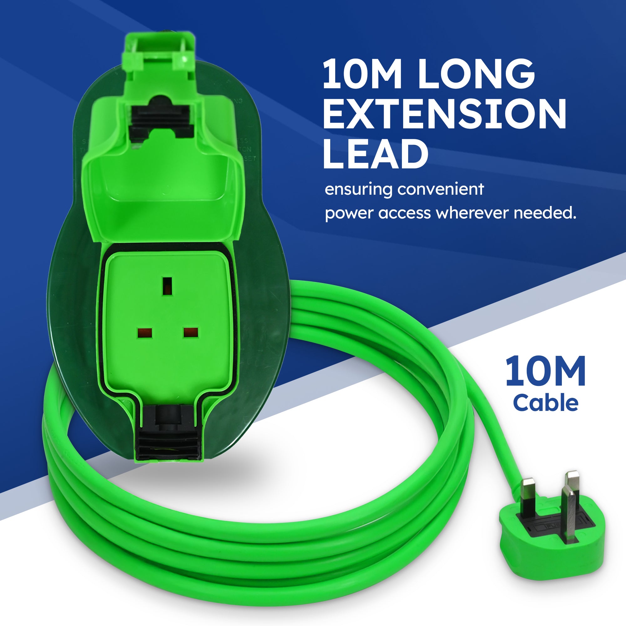 Desiretech - 10m / 15m Weatherproof Extension Cable - with Sockets - 13 Amp Outdoor Lead - Waterproof IP54 - Durable Green Cable for Garden, Outdoor Equipment & Power Tools - Flexible & Heavy Duty Design