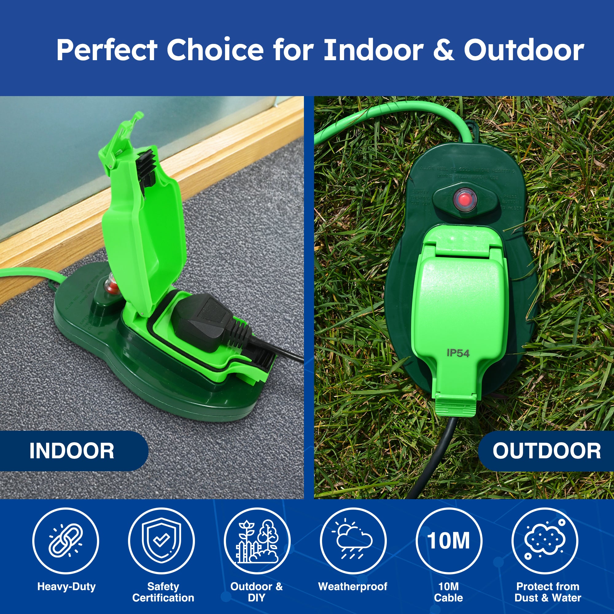 Desiretech - 10m / 15m Weatherproof Extension Cable - with Sockets - 13 Amp Outdoor Lead - Waterproof IP54 - Durable Green Cable for Garden, Outdoor Equipment & Power Tools - Flexible & Heavy Duty Design