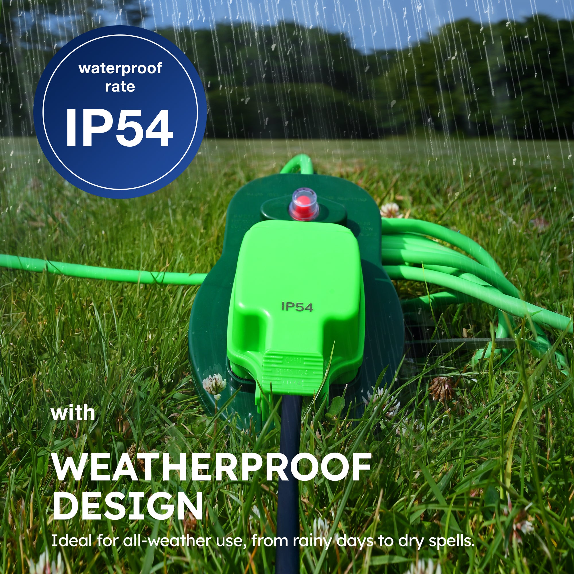 Desiretech - 10m / 15m Weatherproof Extension Cable - with Sockets - 13 Amp Outdoor Lead - Waterproof IP54 - Durable Green Cable for Garden, Outdoor Equipment & Power Tools - Flexible & Heavy Duty Design