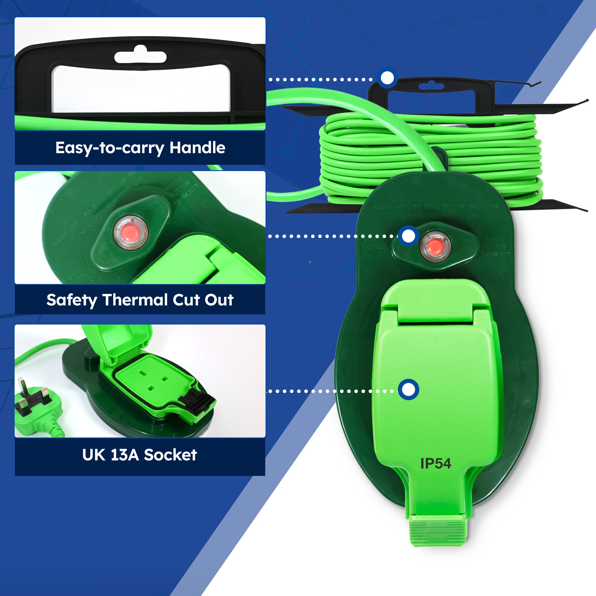 Desiretech - 10m / 15m Weatherproof Extension Cable - with Sockets - 13 Amp Outdoor Lead - Waterproof IP54 - Durable Green Cable for Garden, Outdoor Equipment & Power Tools - Flexible & Heavy Duty Design
