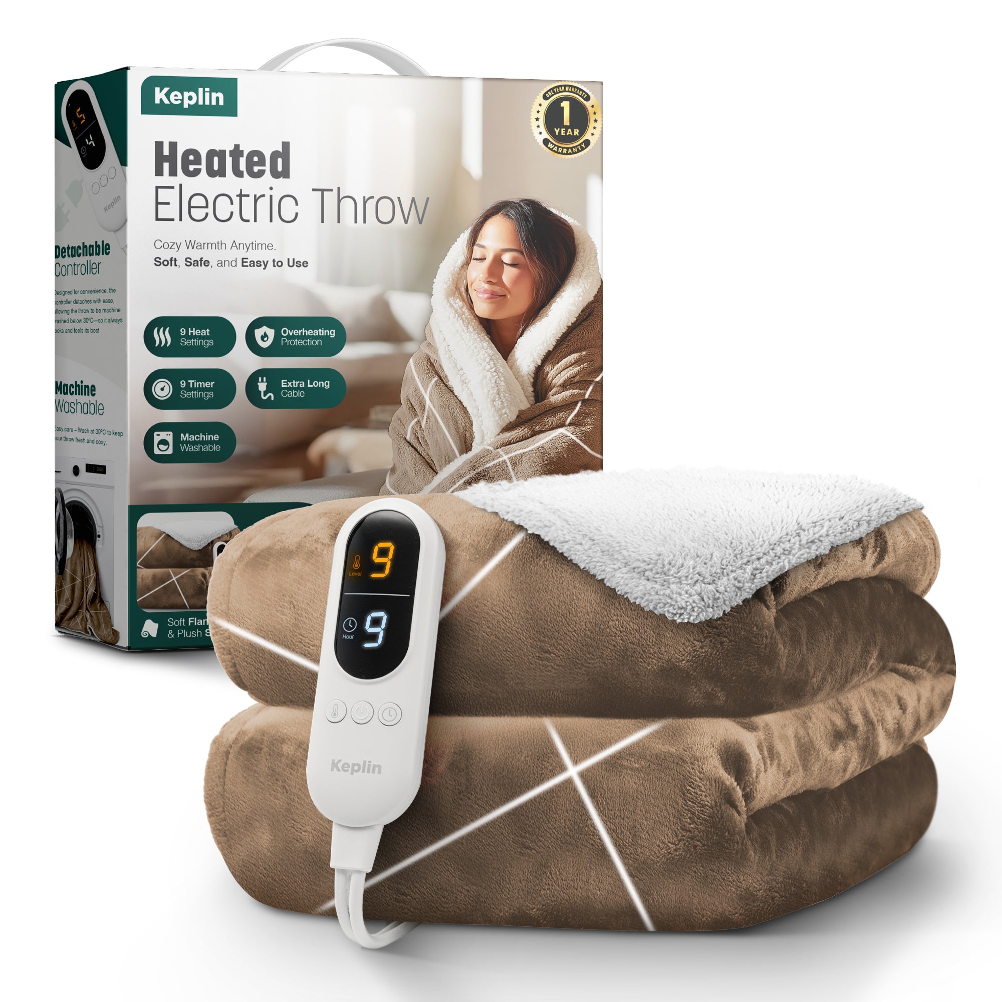 Electric Heated Throw Blanket - Machine Washable Fleece Wool Duvet, 9 Heat Settings & Timer