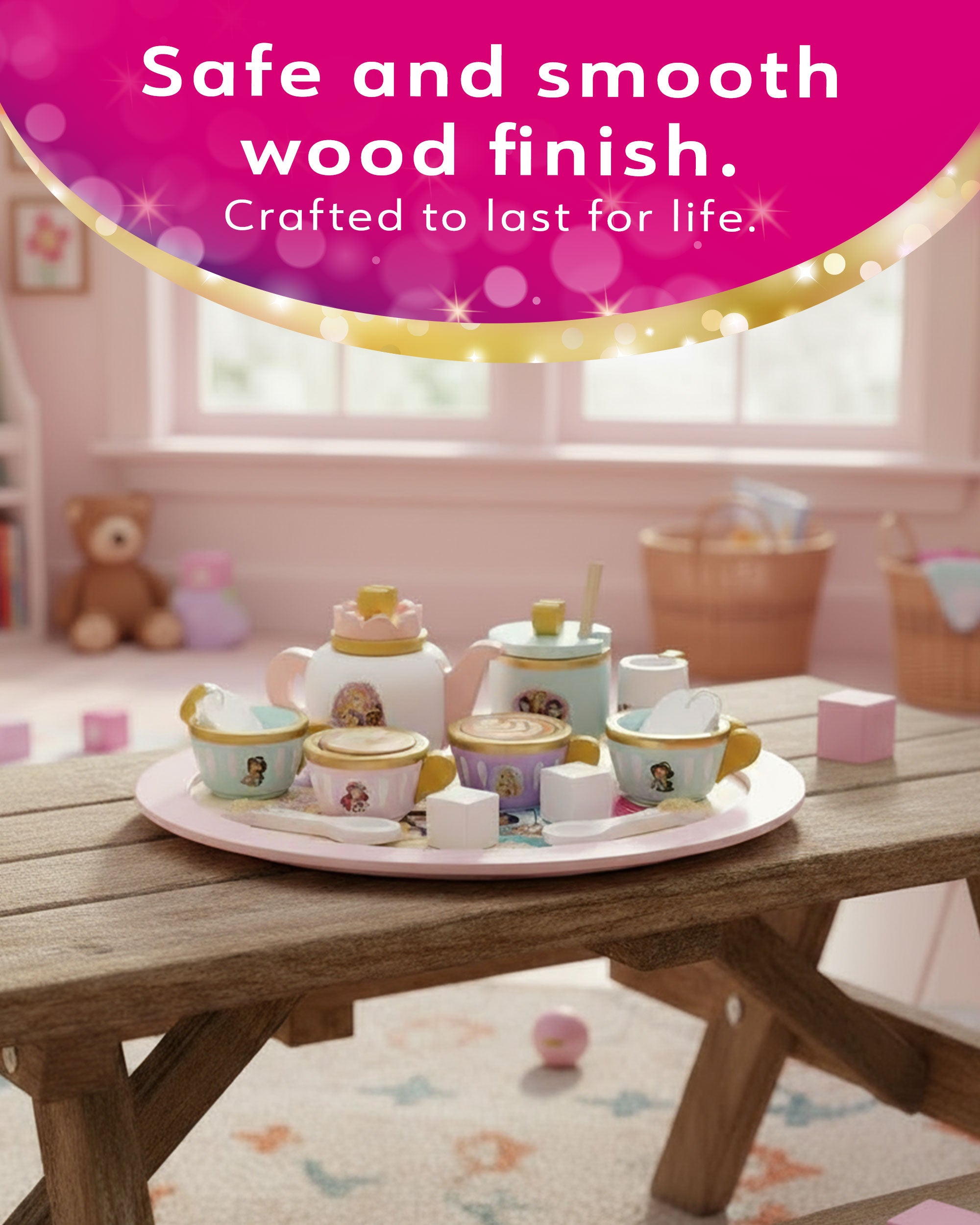 Disney Princess Wooden Afternoon Tea Party Set - 16 Piece Pretend Play Set – FSC Certified Eco-Friendly Toy for Kids Aged 3+