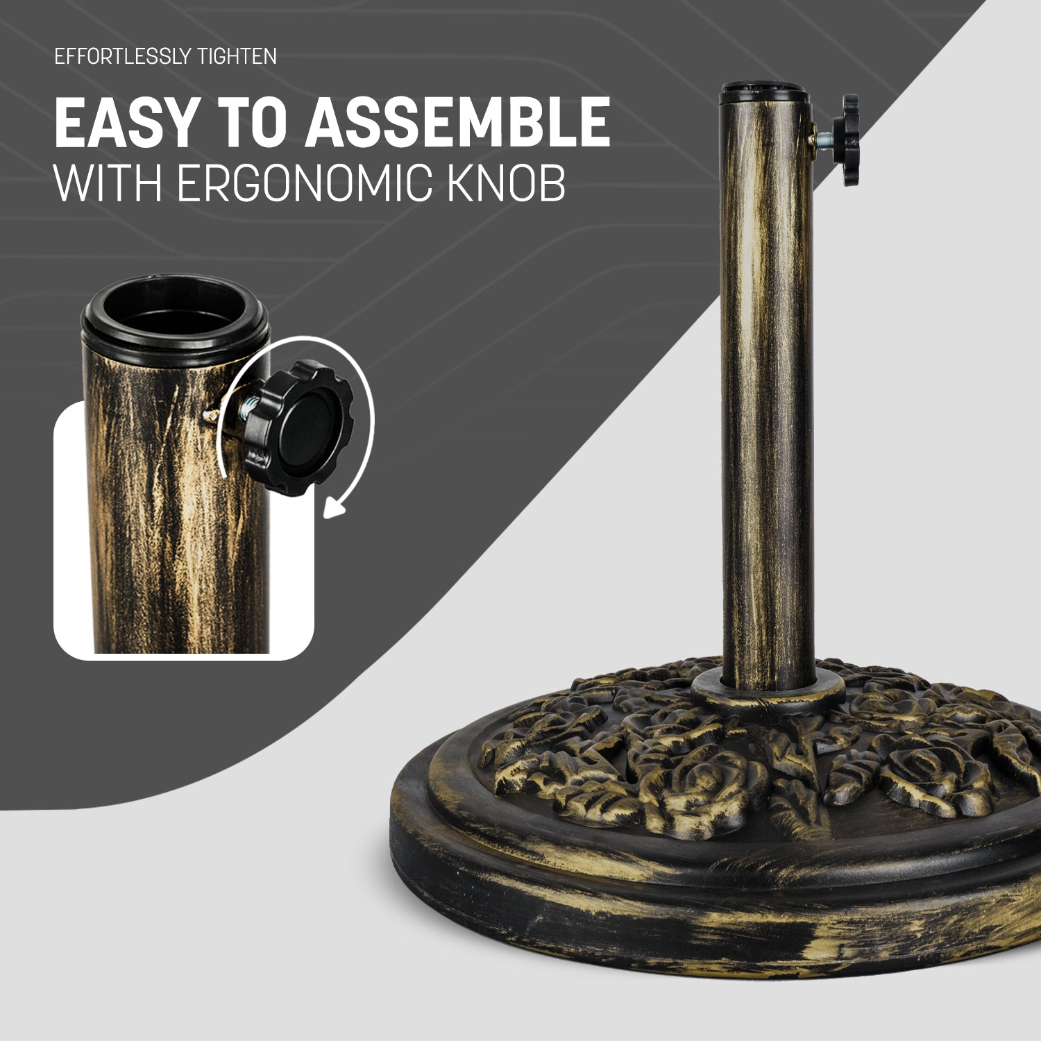Keplin Cast Iron Effect Parasol Base with Floral Pattern - Heavy Duty Metal Garden Patio Furniture Stand