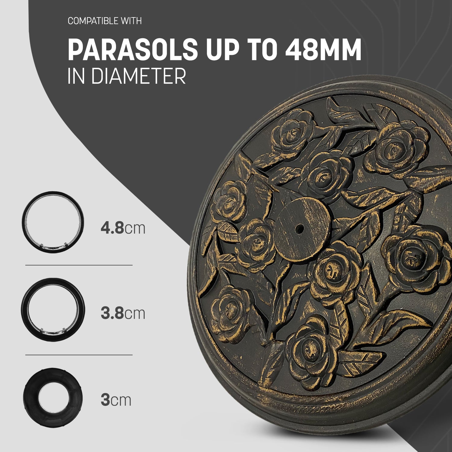 Keplin Cast Iron Effect Parasol Base with Floral Pattern - Heavy Duty Metal Garden Patio Furniture Stand