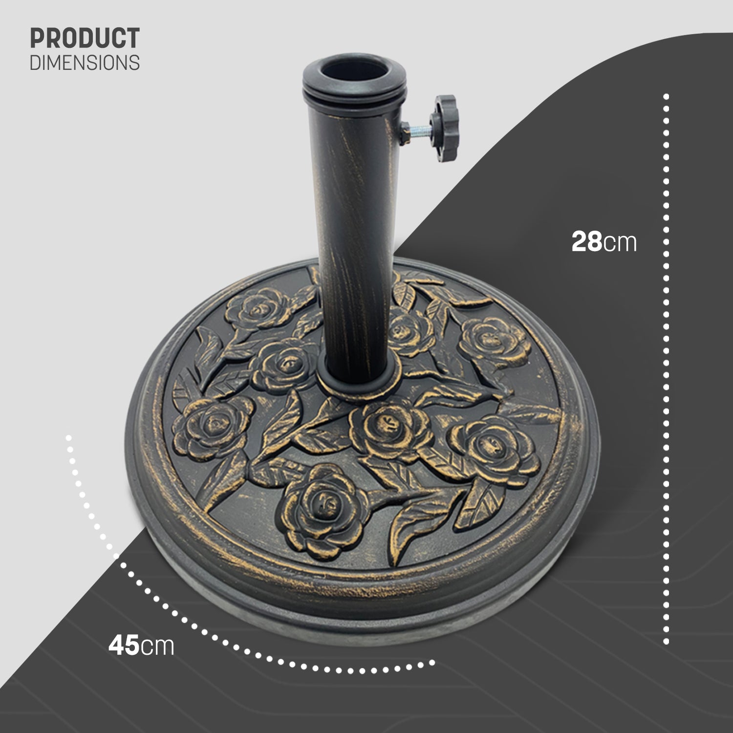 Keplin Cast Iron Effect Parasol Base with Floral Pattern - Heavy Duty Metal Garden Patio Furniture Stand