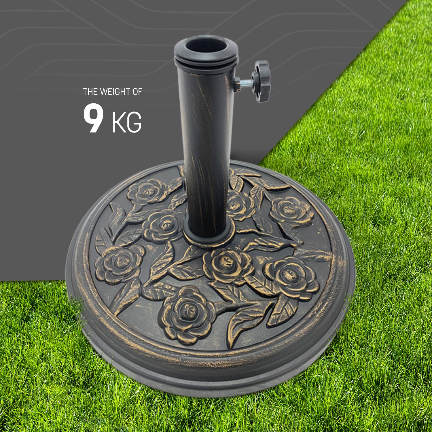 Keplin Cast Iron Effect Parasol Base with Floral Pattern - Heavy Duty Metal Garden Patio Furniture Stand
