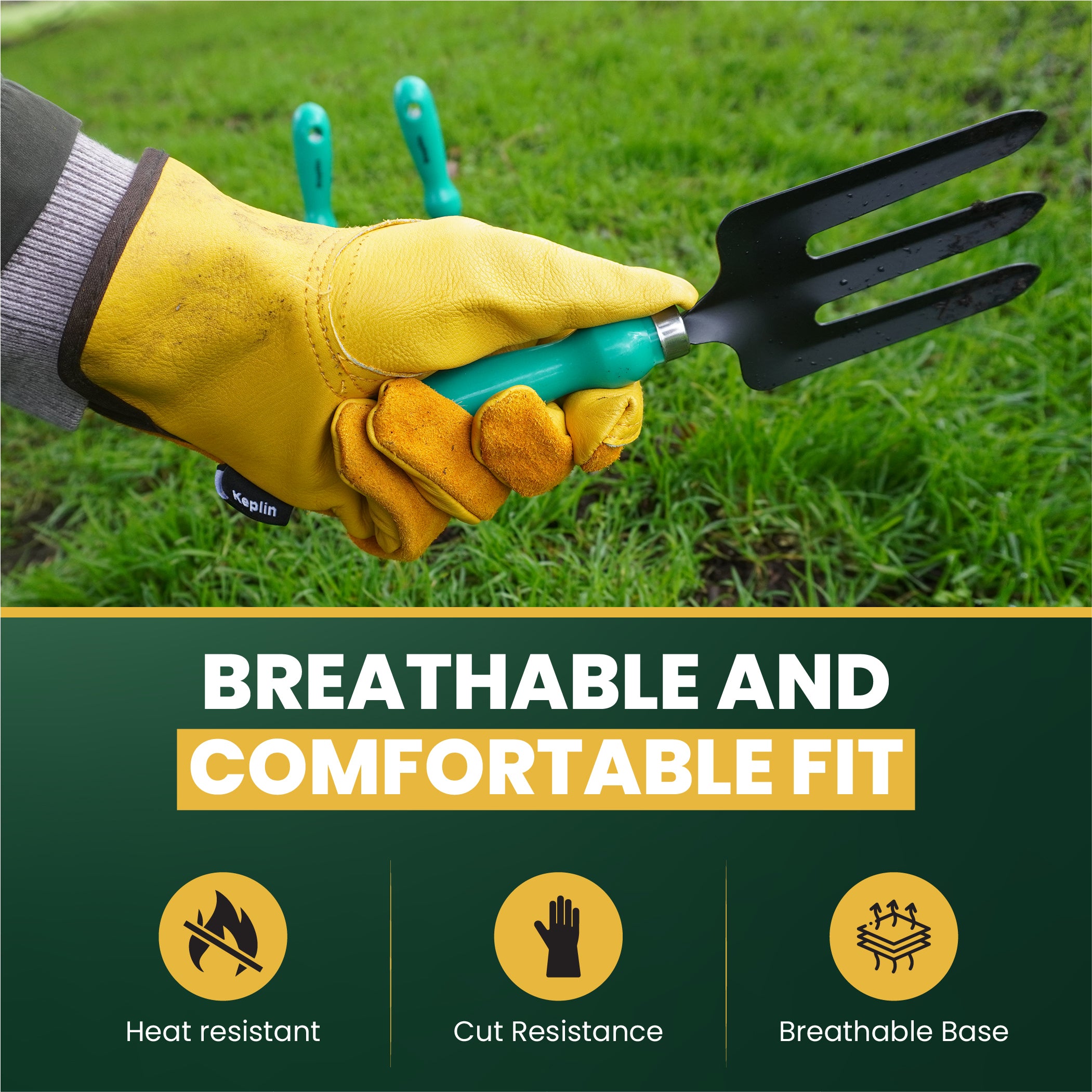 KEPLIN Gardening Gloves for Men & Women – Premium Cowhide Leather and Fabric, Thorn & Puncture Resistant, Breathable & Durable Work Gloves for Gardening, Farming & DIY – Yellow & Green (Copy)