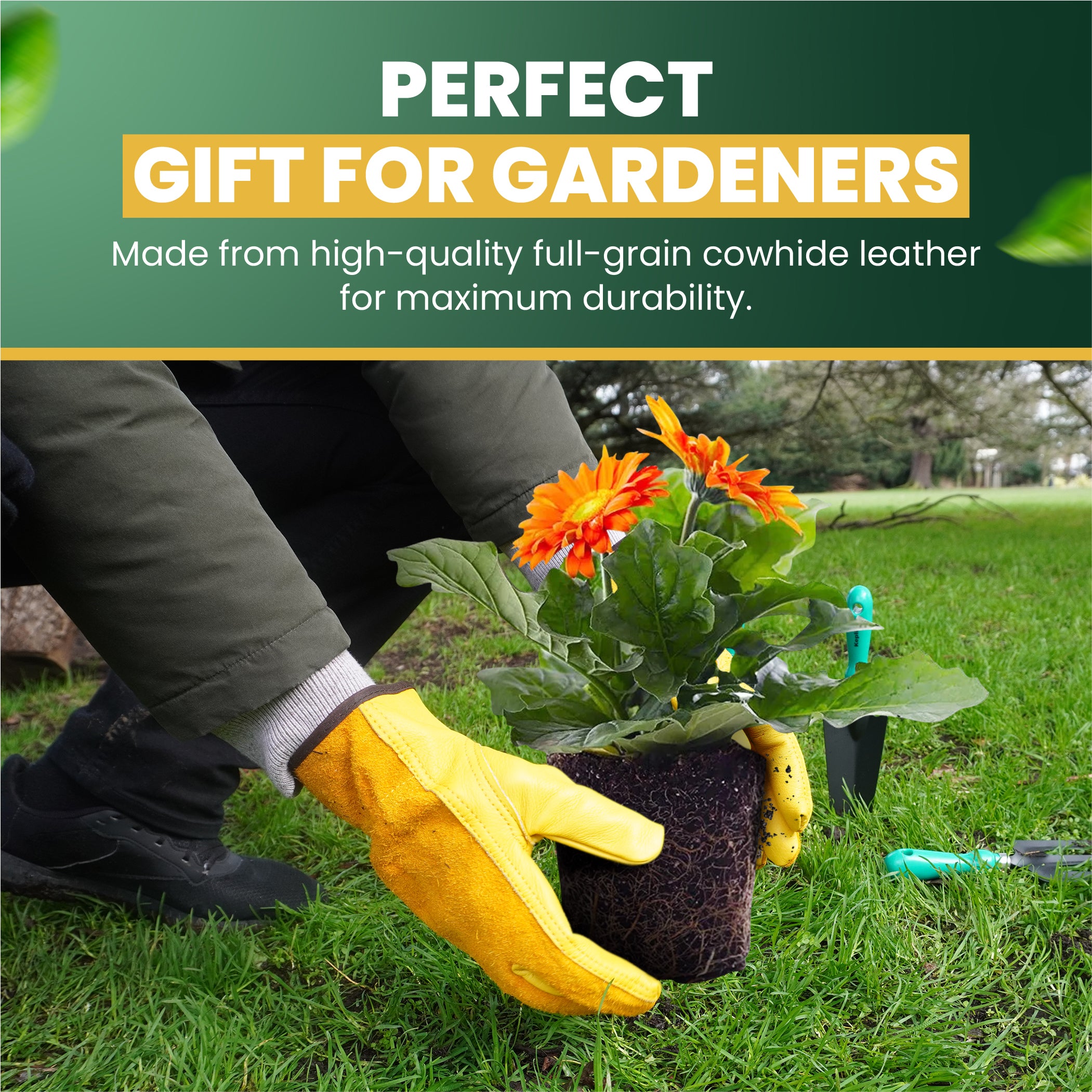 KEPLIN Gardening Gloves for Men & Women – Premium Cowhide Leather and Fabric, Thorn & Puncture Resistant, Breathable & Durable Work Gloves for Gardening, Farming & DIY – Yellow & Green (Copy)