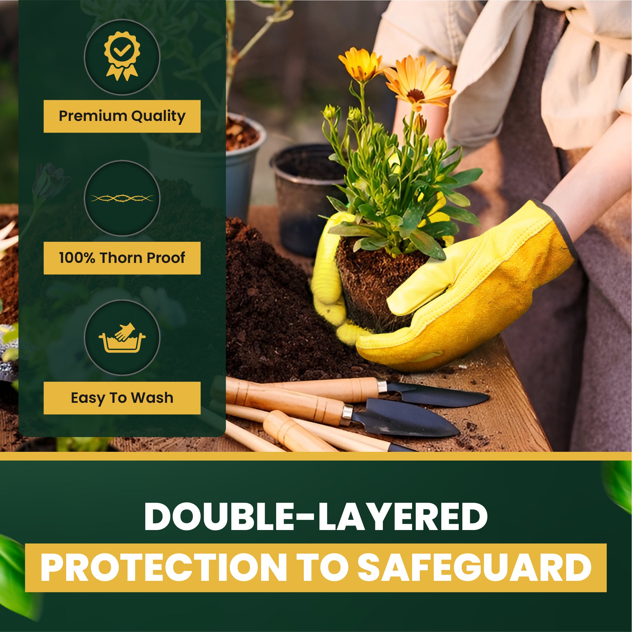 KEPLIN Gardening Gloves for Men & Women – Premium Cowhide Leather and Fabric, Thorn & Puncture Resistant, Breathable & Durable Work Gloves for Gardening, Farming & DIY – Yellow & Green (Copy)