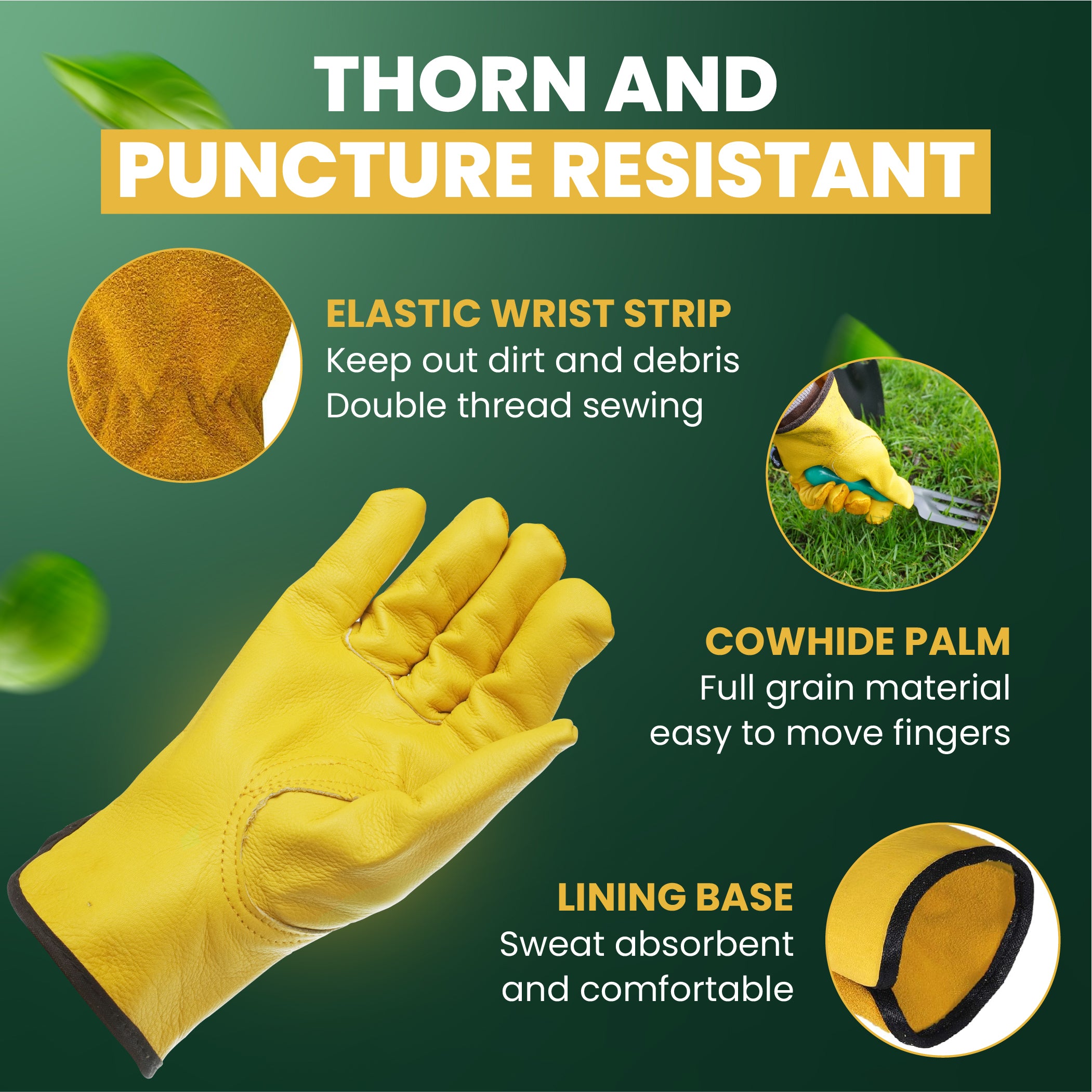 KEPLIN Gardening Gloves for Men & Women – Premium Cowhide Leather and Fabric, Thorn & Puncture Resistant, Breathable & Durable Work Gloves for Gardening, Farming & DIY – Yellow & Green (Copy)