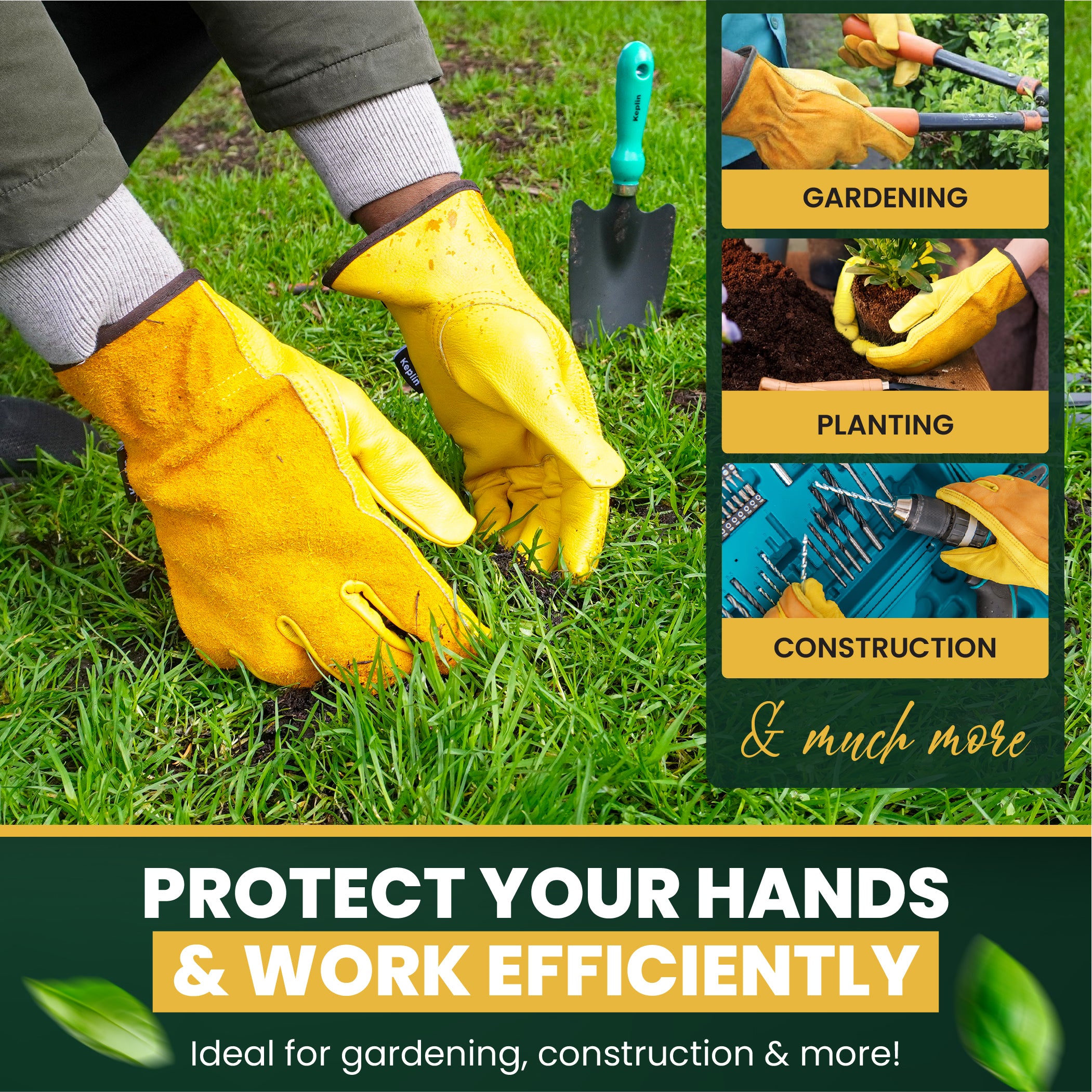 KEPLIN Gardening Gloves for Men & Women – Premium Cowhide Leather and Fabric, Thorn & Puncture Resistant, Breathable & Durable Work Gloves for Gardening, Farming & DIY – Yellow & Green (Copy)