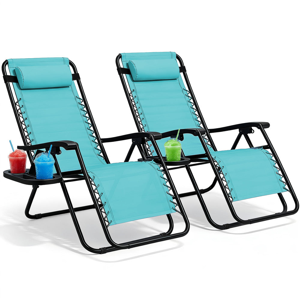KEPLIN Set of 2 Heavy Duty Monocolour and Basic Textoline Zero Gravity Chairs for Garden Light Reclining Patio Sun loungers Easy to Clean Adjustable Head Rest Foldable with Cup & Phone Holder