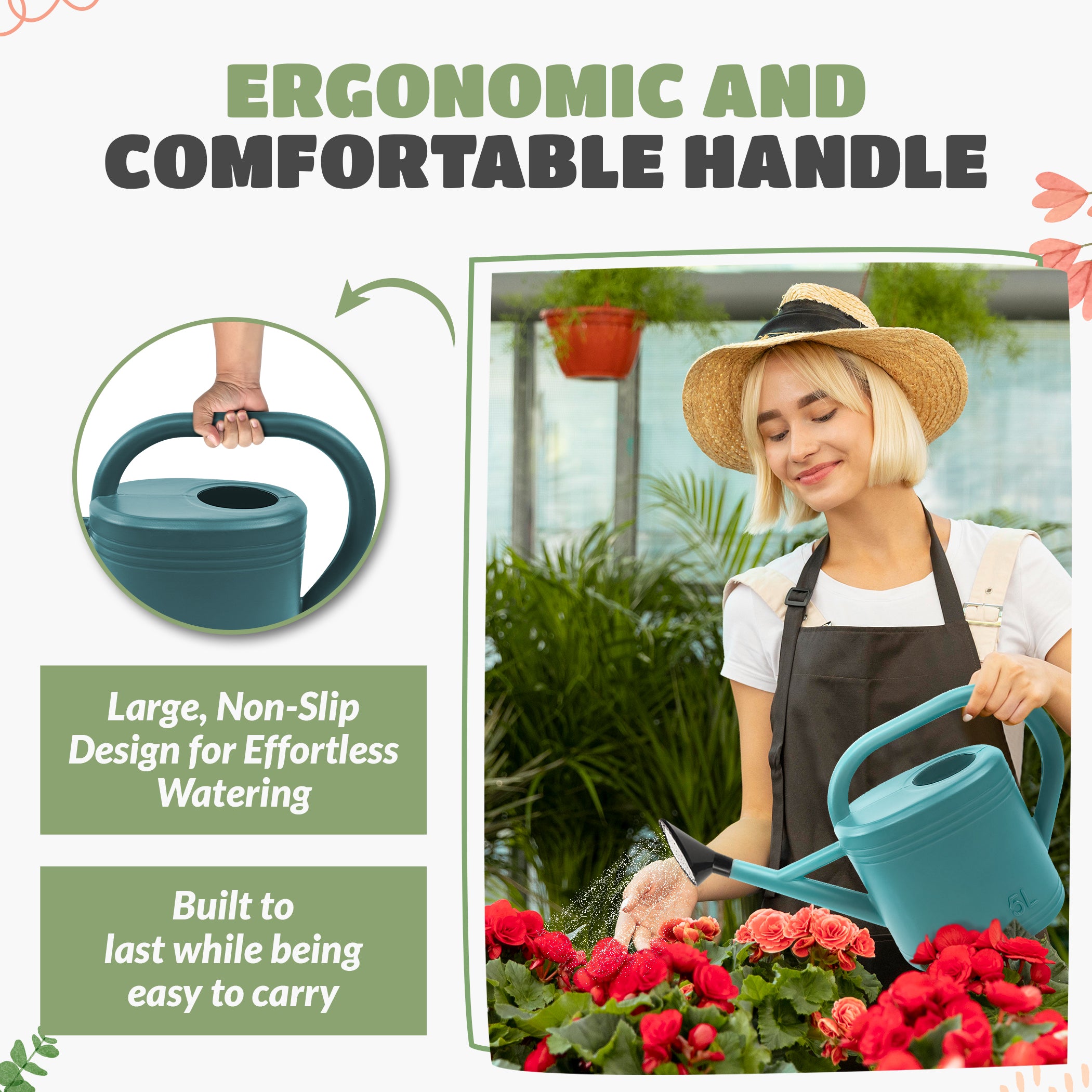 Keplin - 5L Plastic Watering Can with Stainless Steel Sprinkler Rose - Durable Garden Watering Jug for Plants & Flowers - Easy Pour Outdoor & Indoor Watering Can
