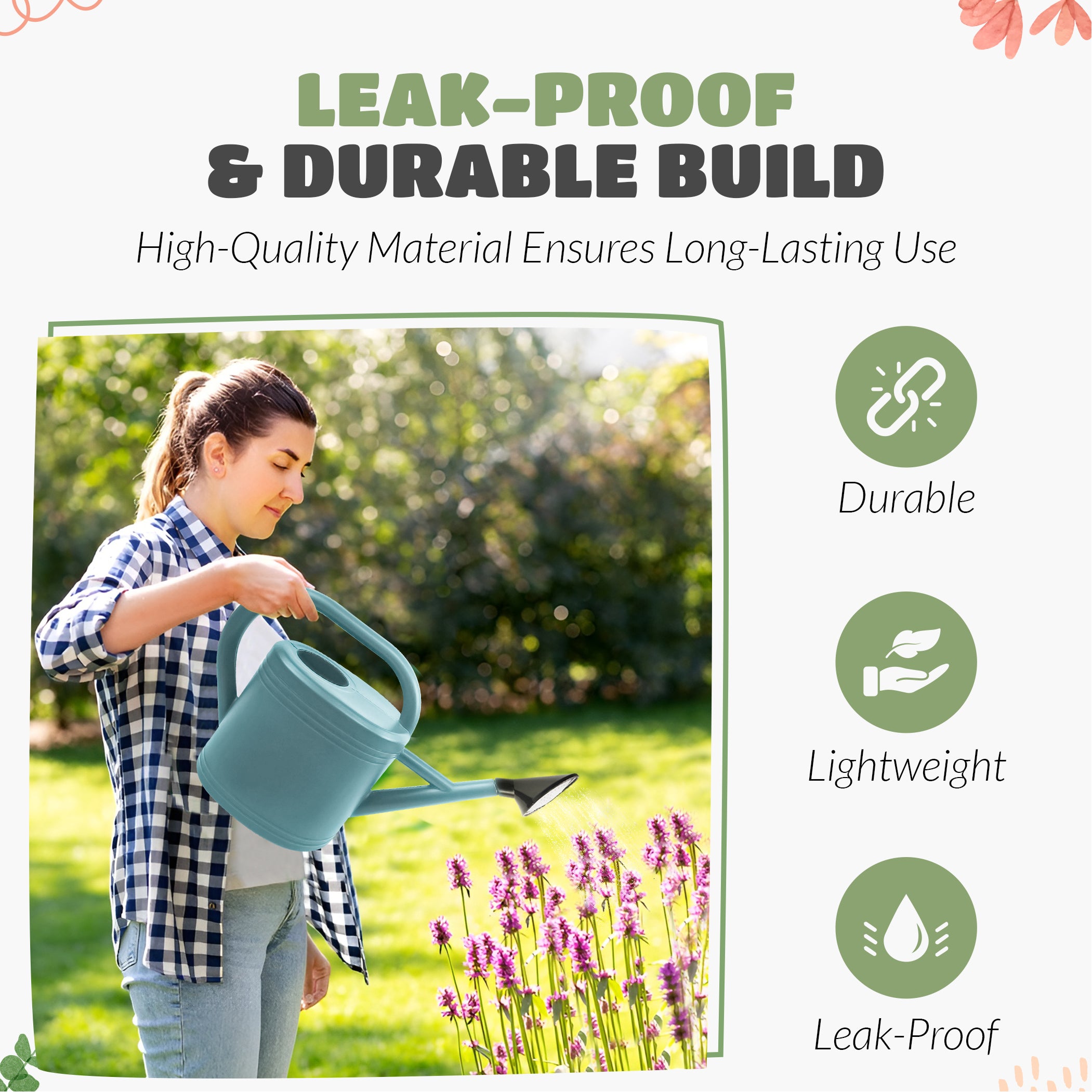 Keplin - 5L Plastic Watering Can with Stainless Steel Sprinkler Rose - Durable Garden Watering Jug for Plants & Flowers - Easy Pour Outdoor & Indoor Watering Can