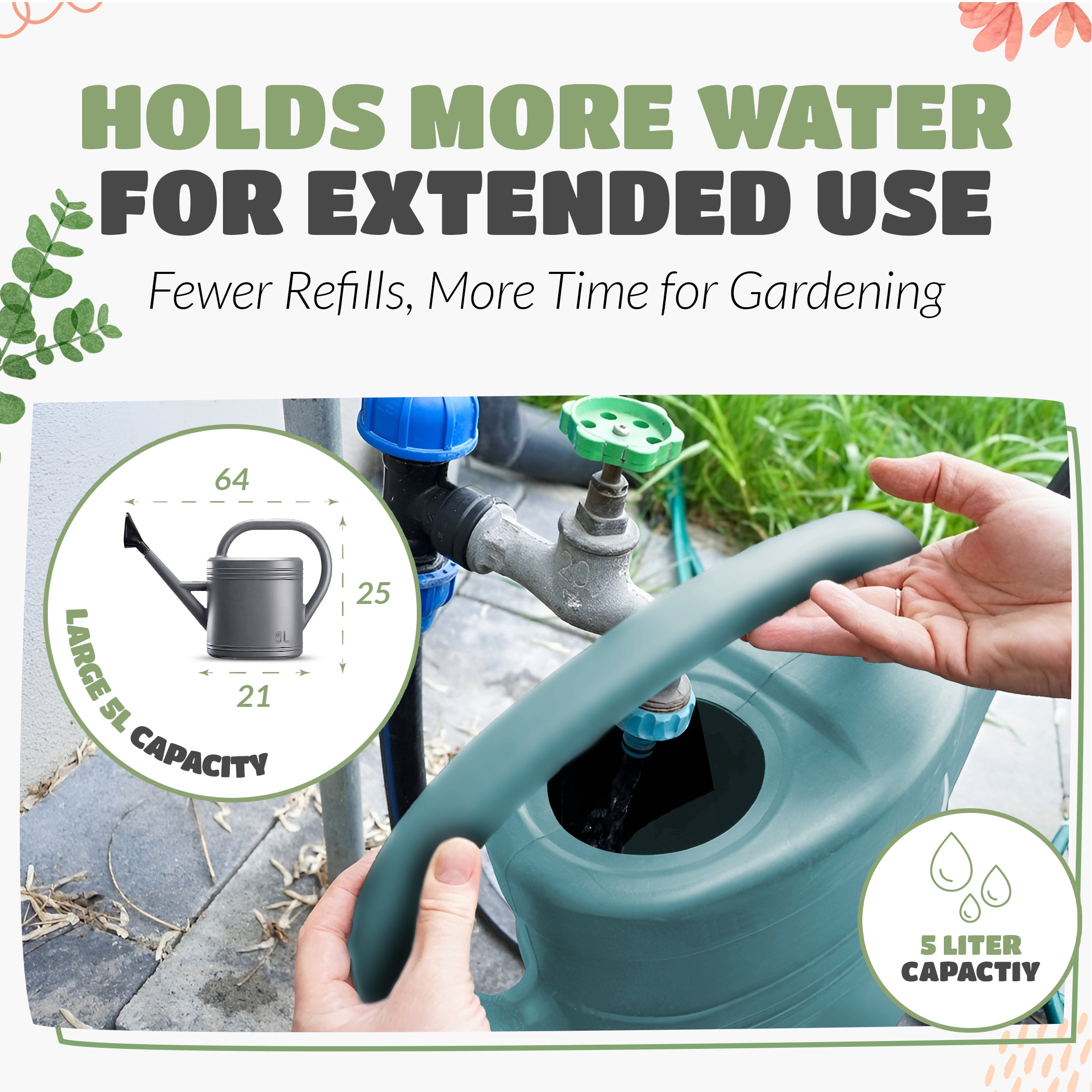 Keplin - 5L Plastic Watering Can with Stainless Steel Sprinkler Rose - Durable Garden Watering Jug for Plants & Flowers - Easy Pour Outdoor & Indoor Watering Can