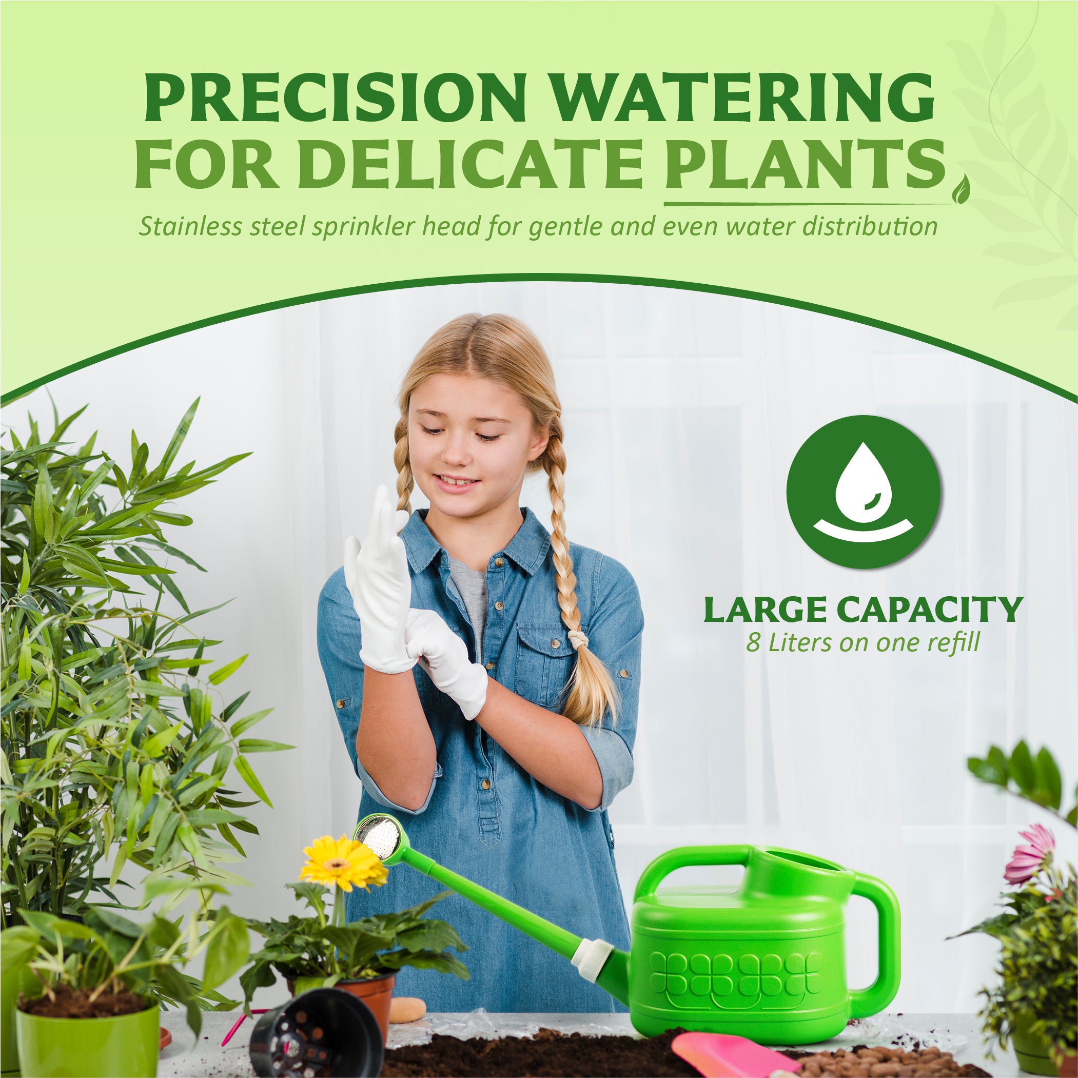 Keplin - 8L Plastic Watering Can with Stainless Steel Sprinkler Rose - Durable Garden Watering Jug for Plants & Flowers - Easy Pour Outdoor & Indoor Watering Can