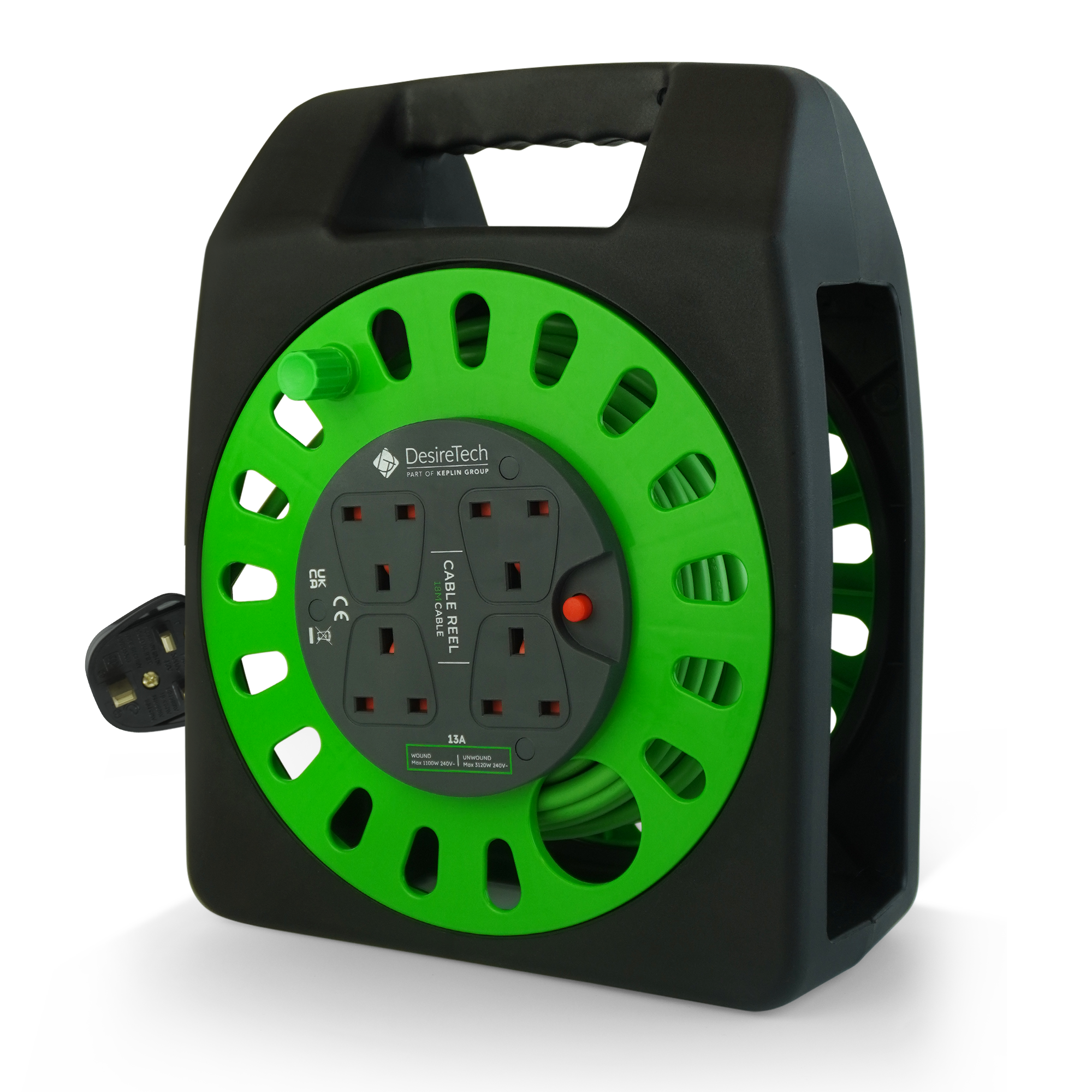 Desiretech 10-Metre Heavy-Duty Portable Cable Reel Extension Lead – 4 Shuttered Sockets, Thermal Cut-Out, Ergonomic Handle, Green/Black – Robust Extension Cord for Indoor Use